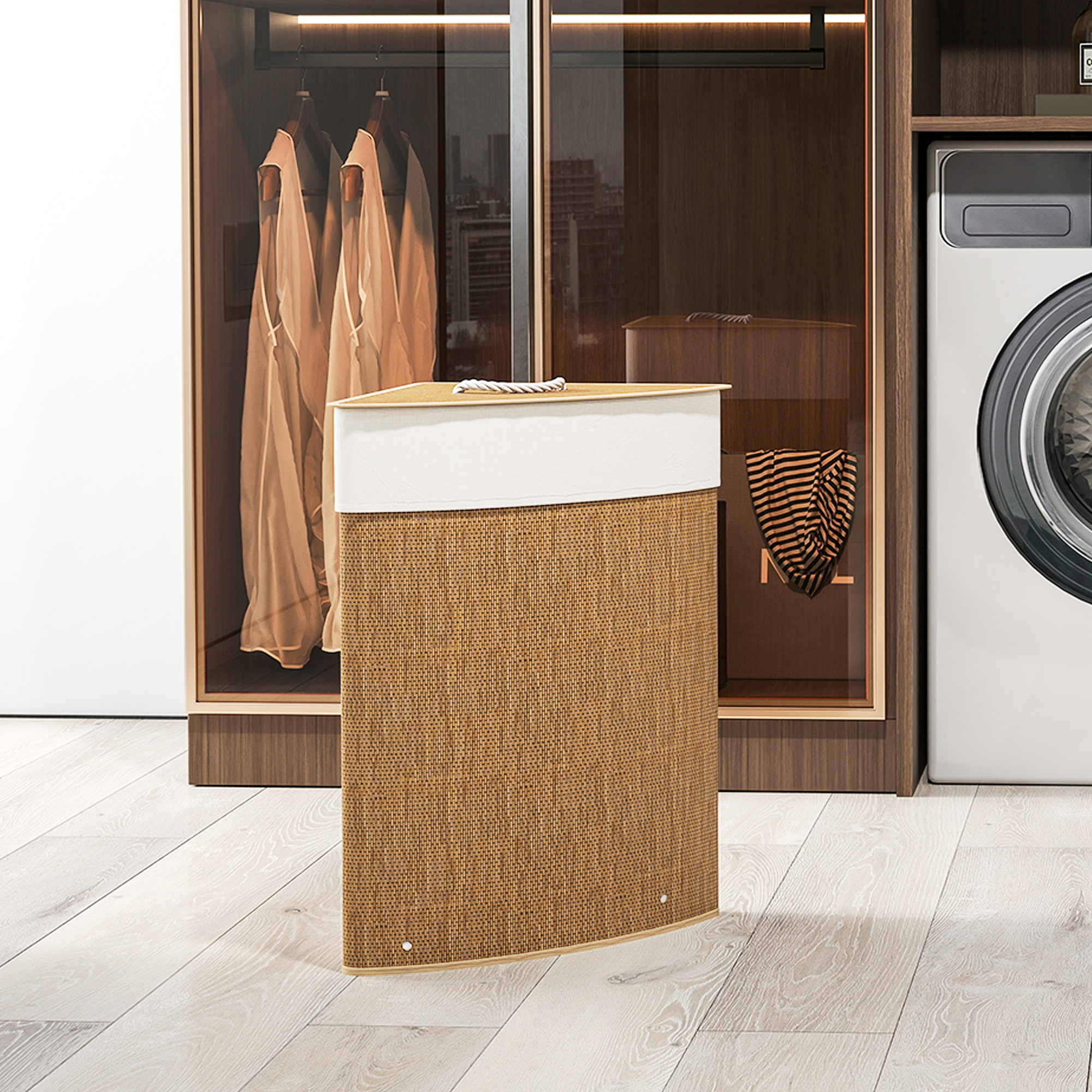 Wäschekorb im Eckdesign, Bambusgeflecht, 55 Liter, Stoffbeutel, Metallrahmen, Braun