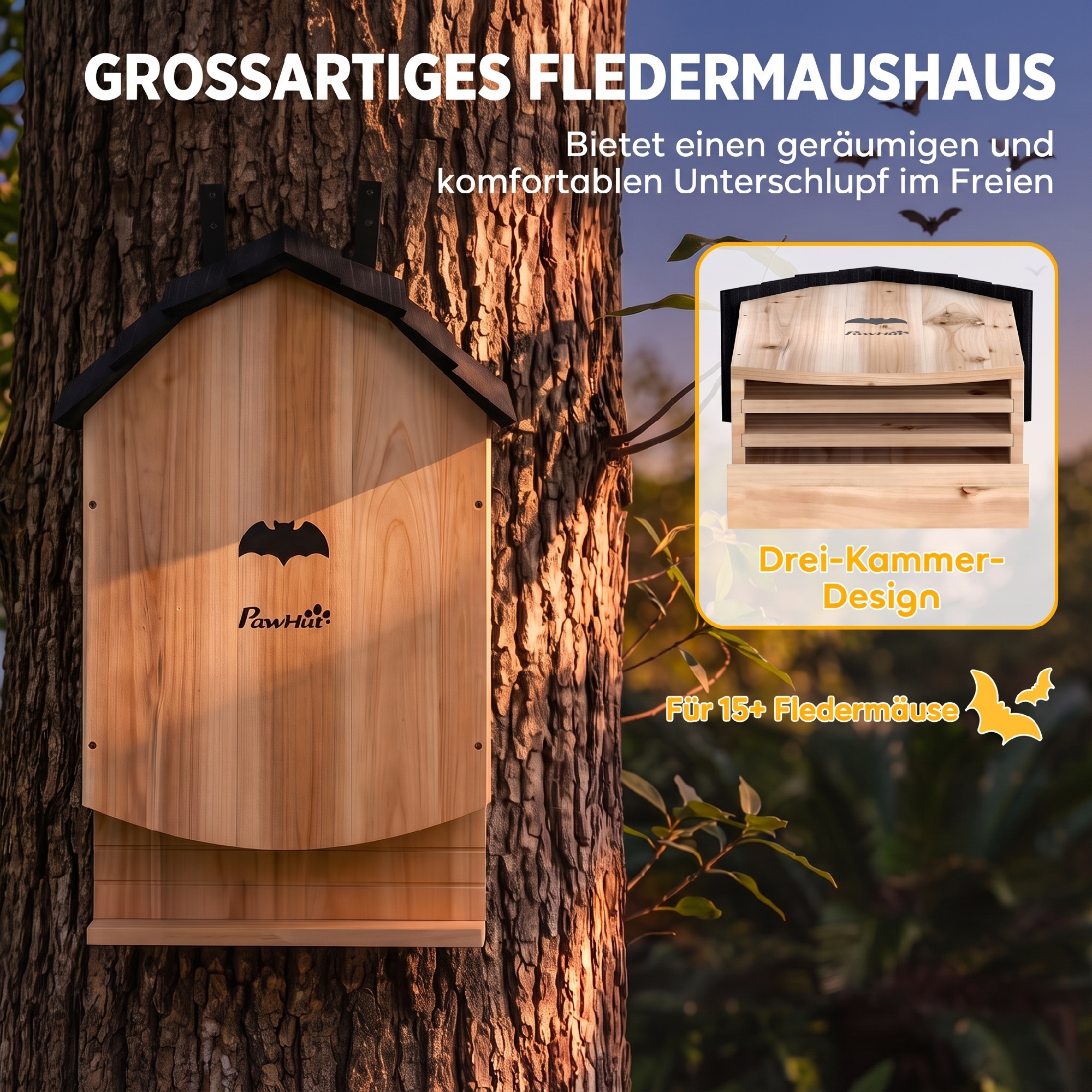 Fledermauskasten Fledermaushaus mit 3 Kammern Haken Nistkasten aus Tannenholz wetterfest für Fledermäuse