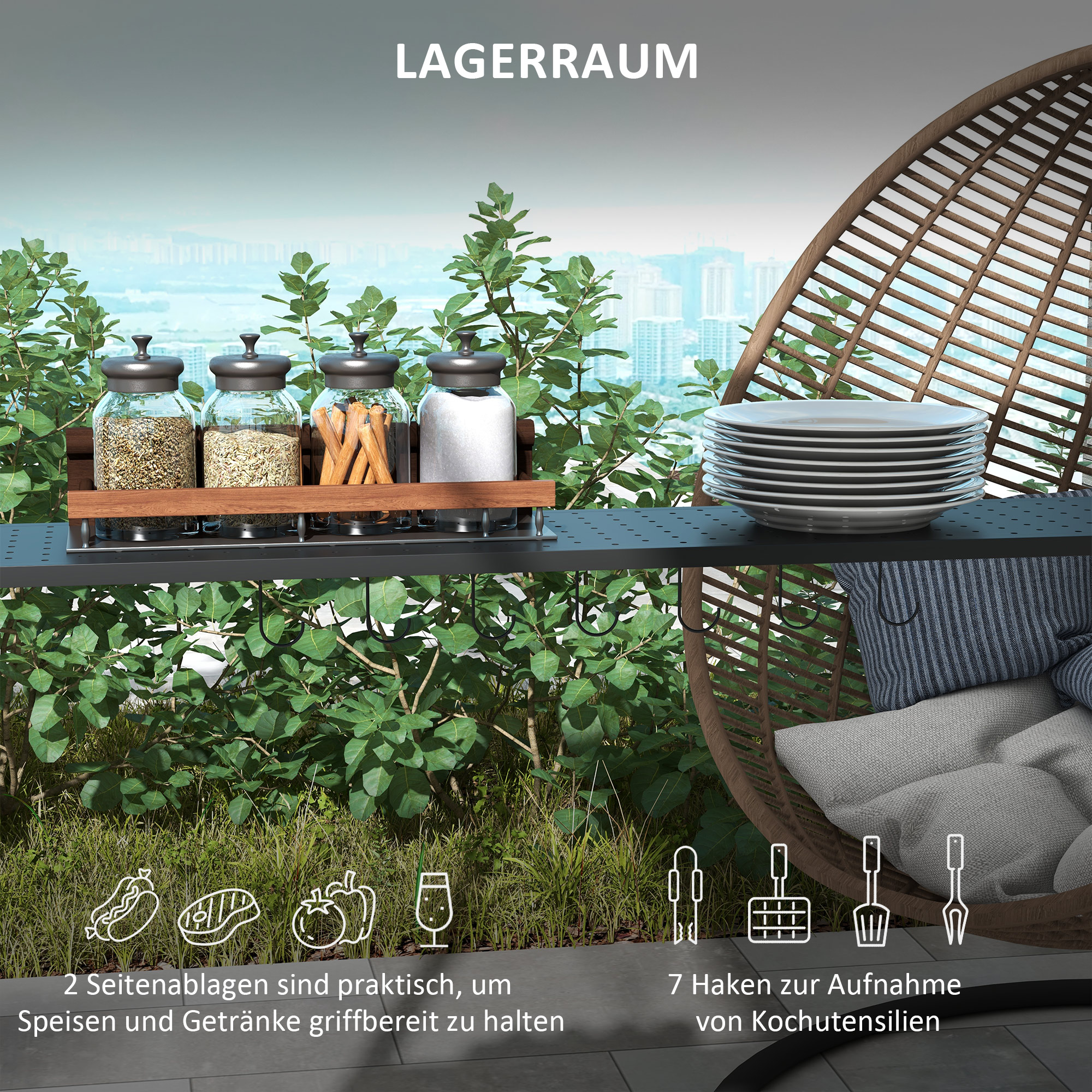 Grillpavillon, 2 Seitenablagen, Haken, Stahlrahmen, 1,1 x 2,3m, Khaki