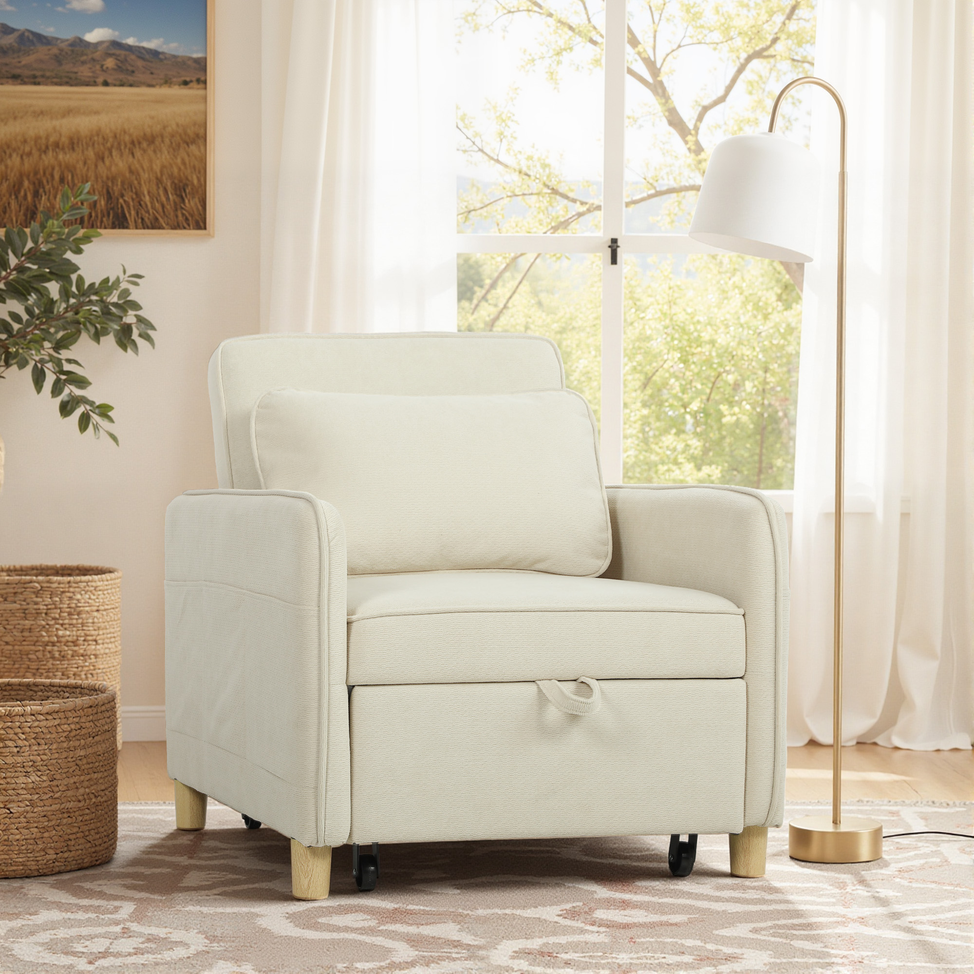 Schlafsessel 3 in 1 Umwandelbarer Sessel mit Bettfunktion, Breiter Sitzfläche für Wohnzimmer, Beige