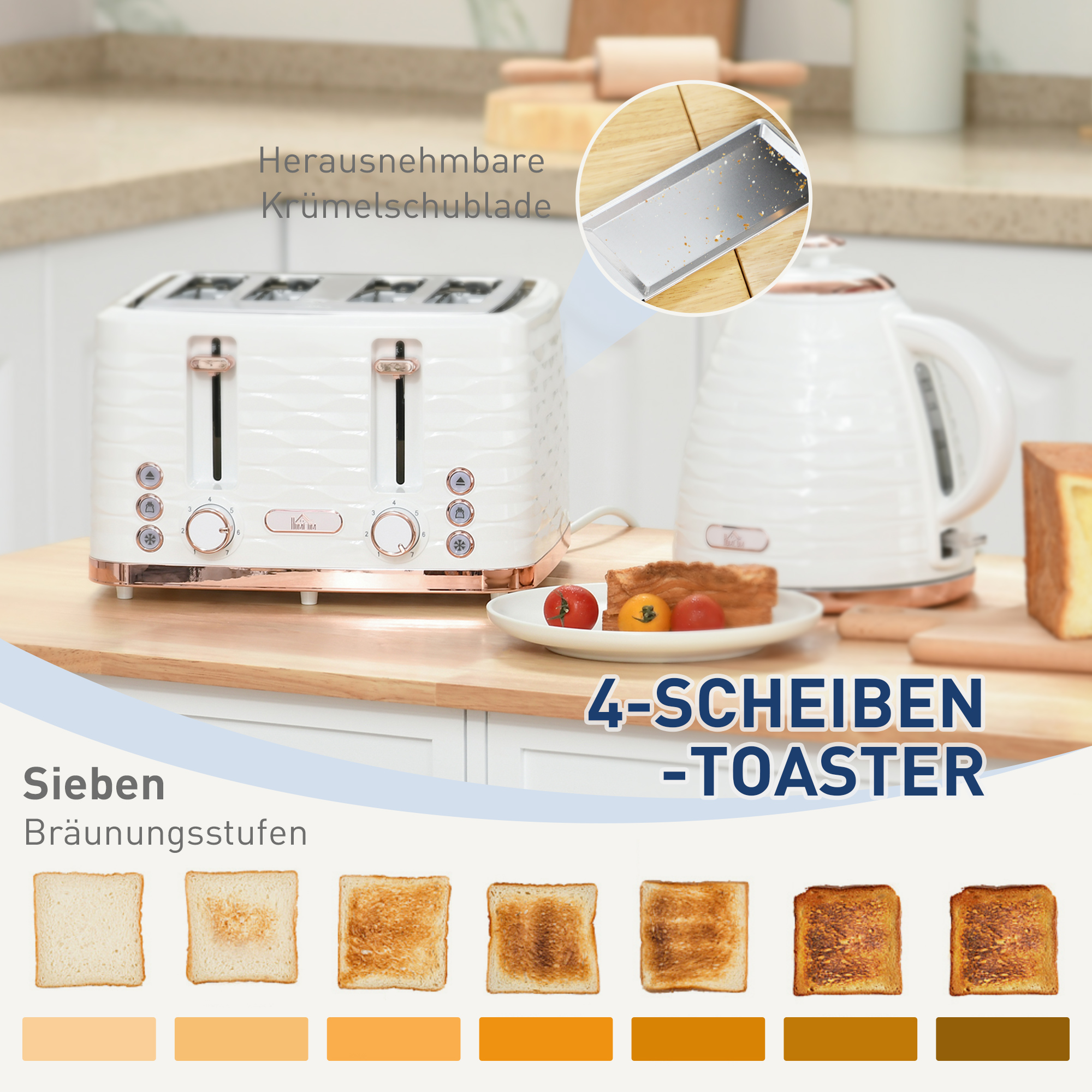 2-in-1 Toaster- und Wasserkocher-Set, 7 Bräunungsstufen, Auftau- und Aufwärmfunktion, Cremeweiß