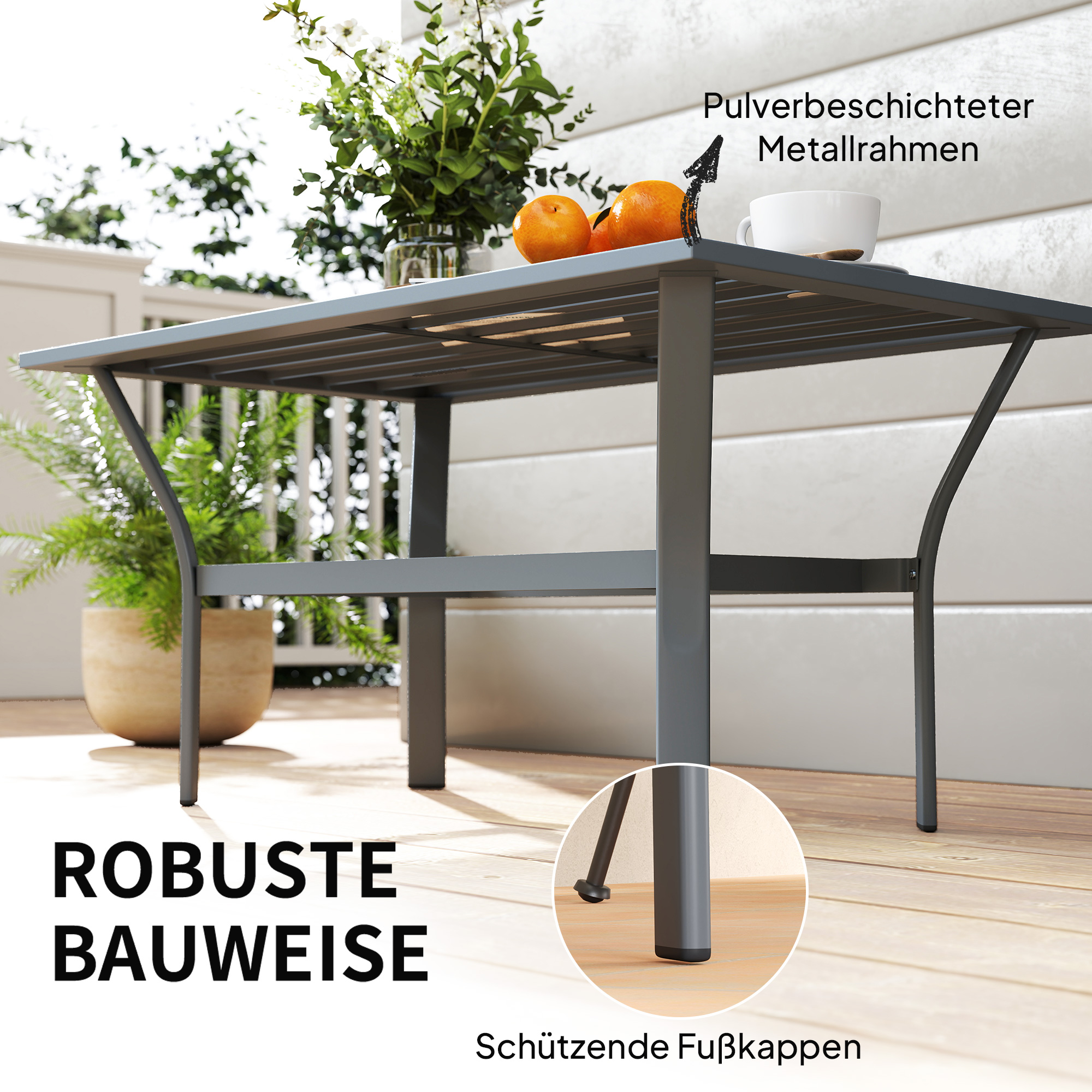 Beistelltisch Metall Balkontisch mit Lamellendesign wetterfest Kaffeetisch Gartentisch 91,5 x 55 x 45 cm Dunkelgrau