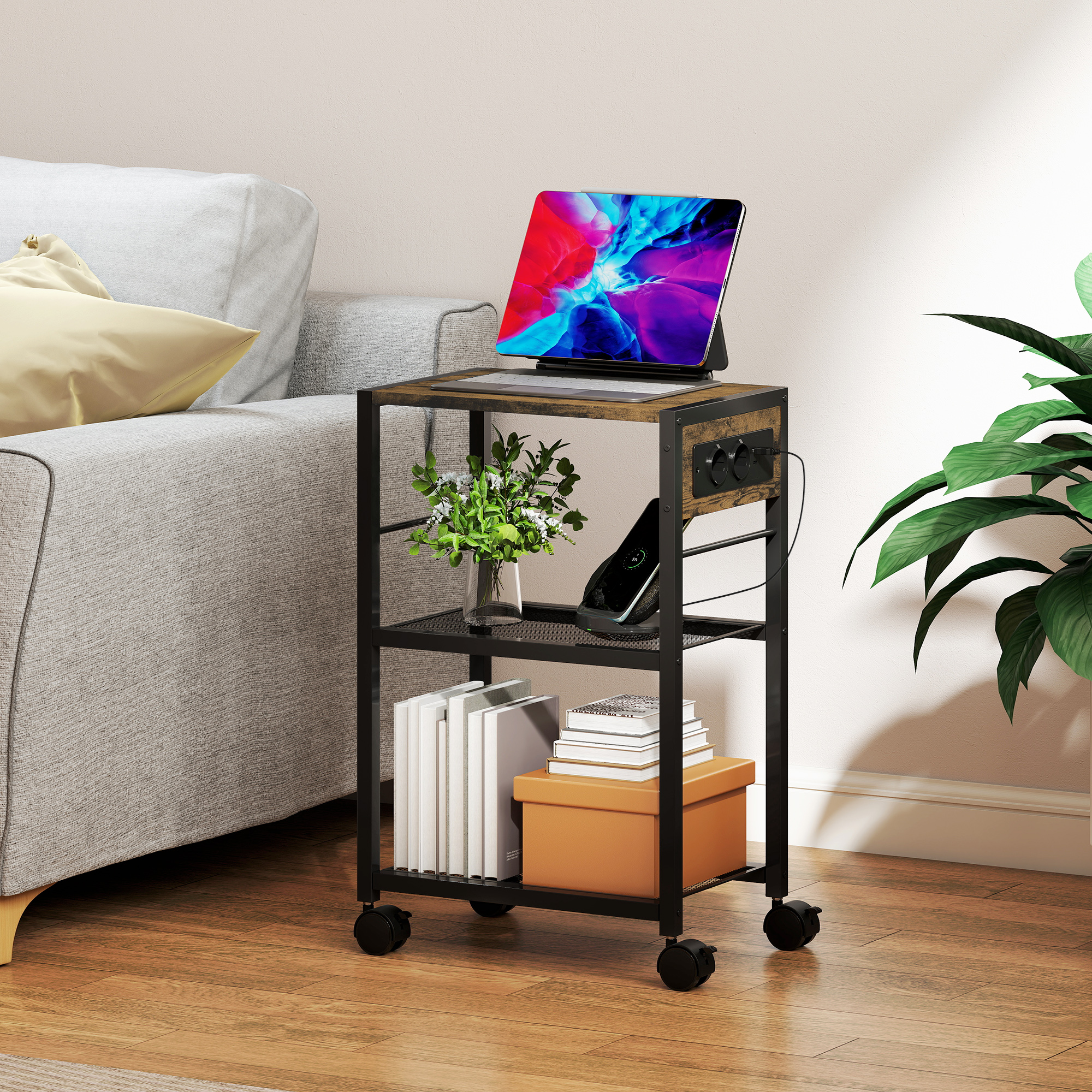 Druckerständer Druckeregal mit Rollen, Steckdosen, USB- und USB-C-Anschlüsse bis 40 kg Rustikalbraun