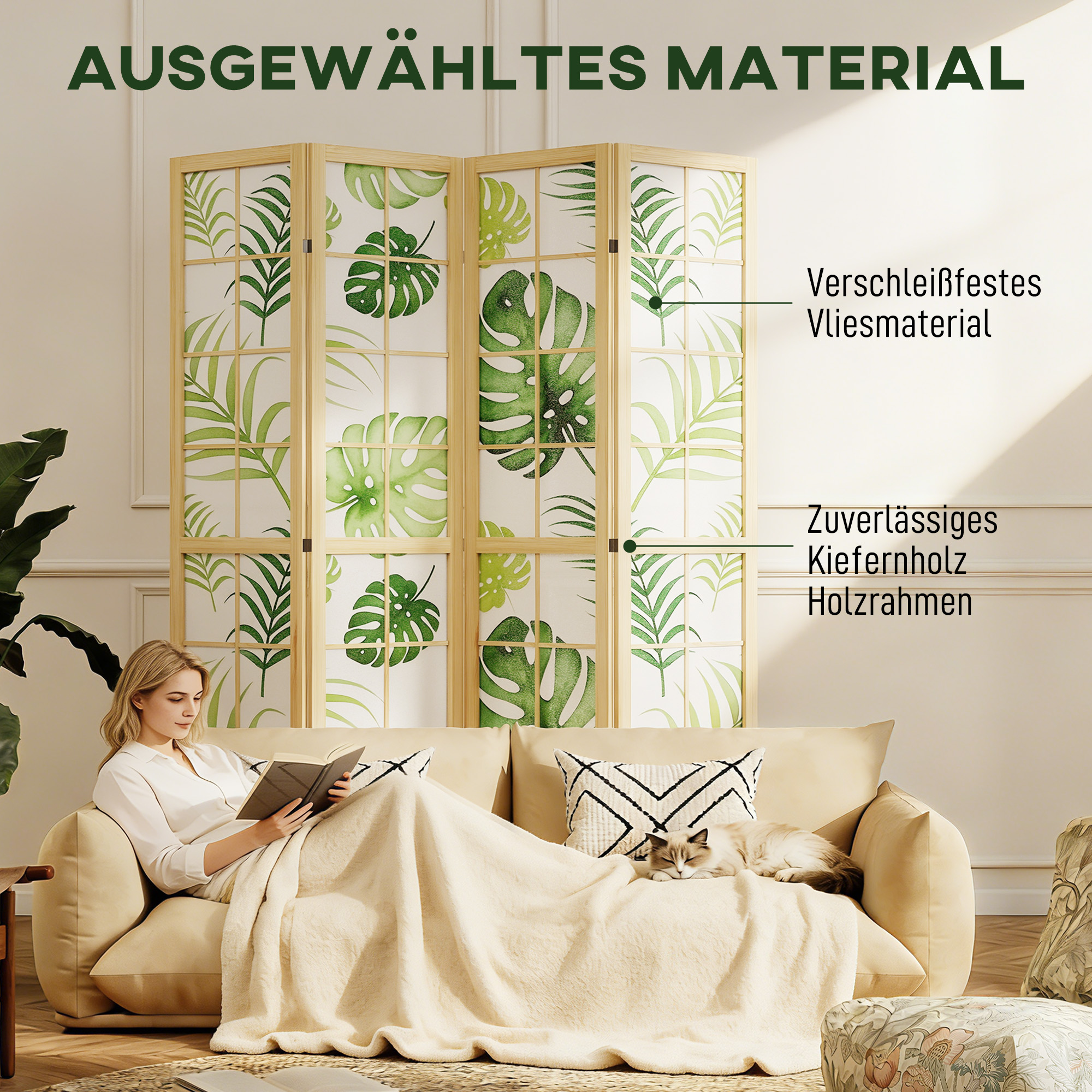 4-teiliger Raumtrenner, faltbar, Boho-Design, tropisches Motiv, freistehender Raumteiler, Holzrahmen, Grün