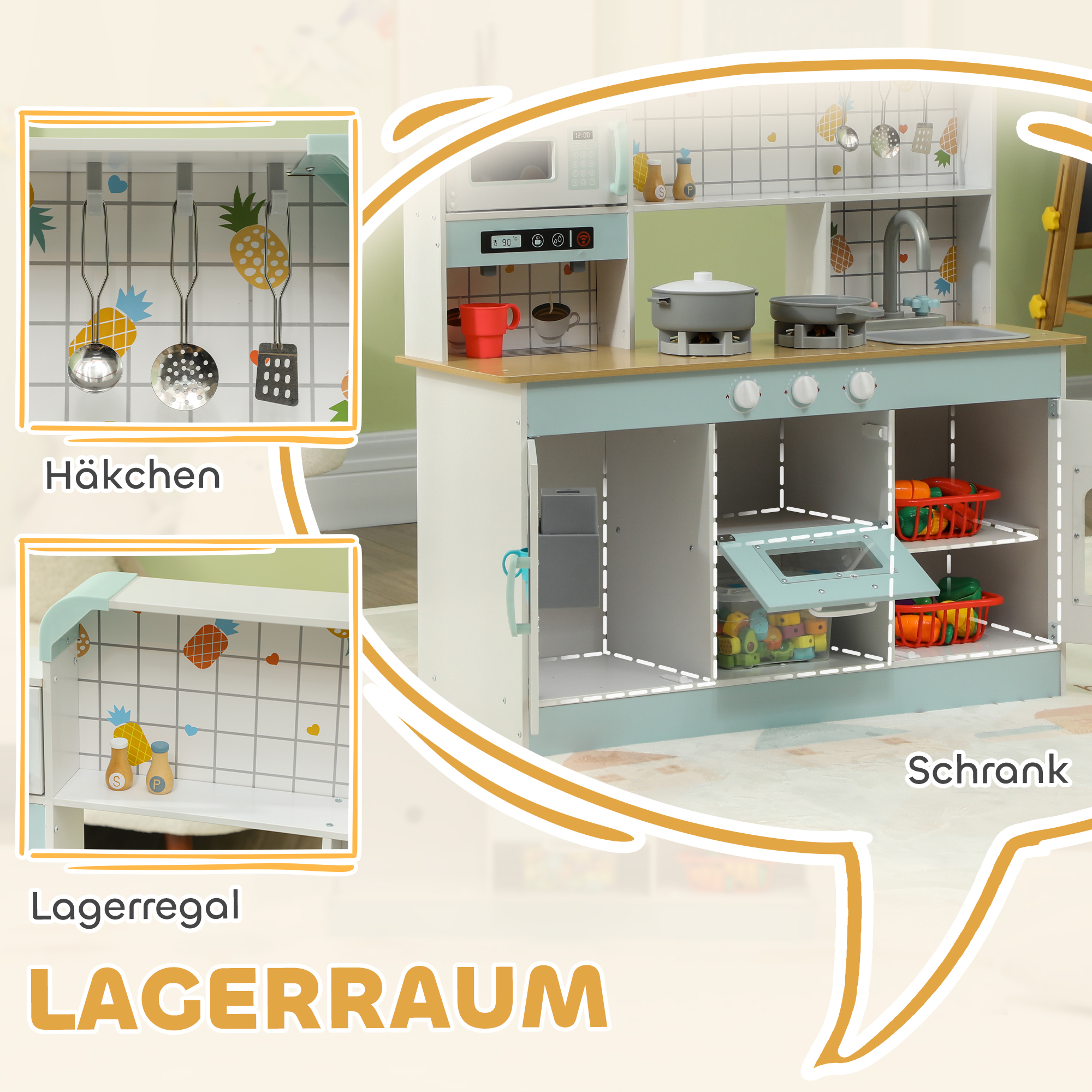 Spielküchen-Set, Kinderküche mit Effekten, Kaffeemaschine, Ofen, viel Stauraum, MDF, Edelstahl, für Kinder ab 3 Jahren