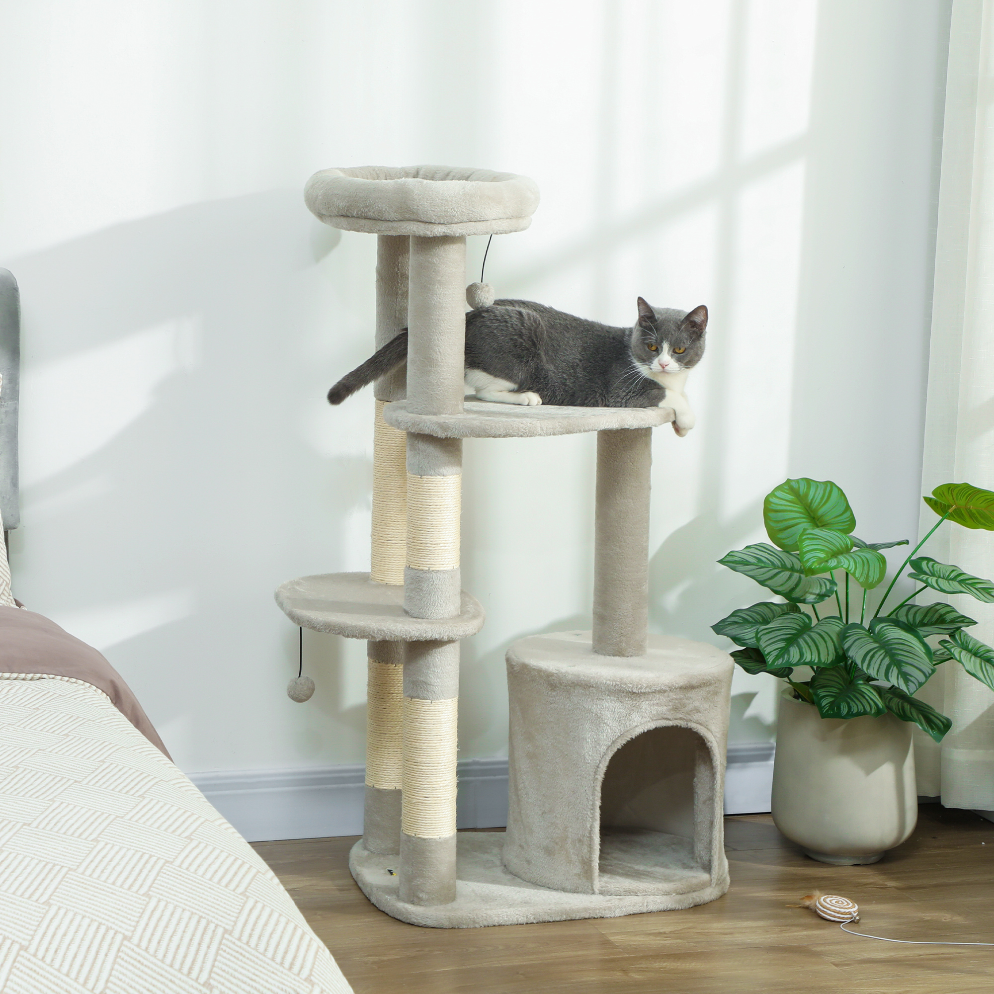 Kratzbaum 114 cm Katzenturm mit Höhle, Sisalstämme, Plattform, mehrstöckig ür mittelgroße Katzen unter 6 kg, Hellgrau