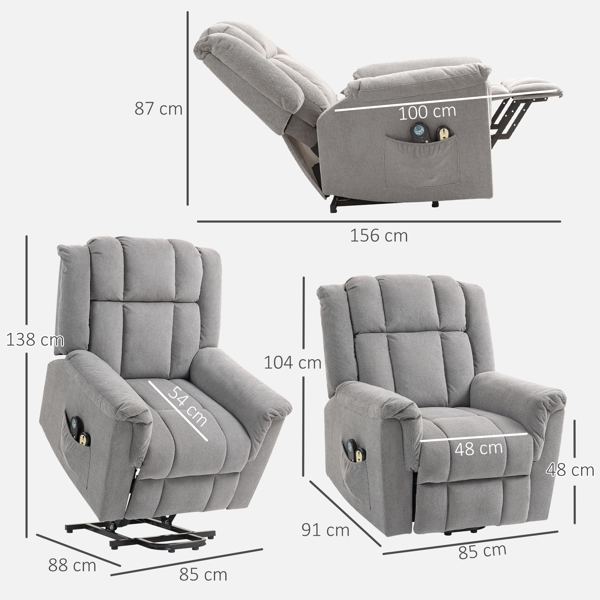 Powerlift-Sessel, Massagesessel mit Wärmefunktion, Polstersessel mit Fußstütze, Seitentasche, Stoffbezug, Dunkelgrau