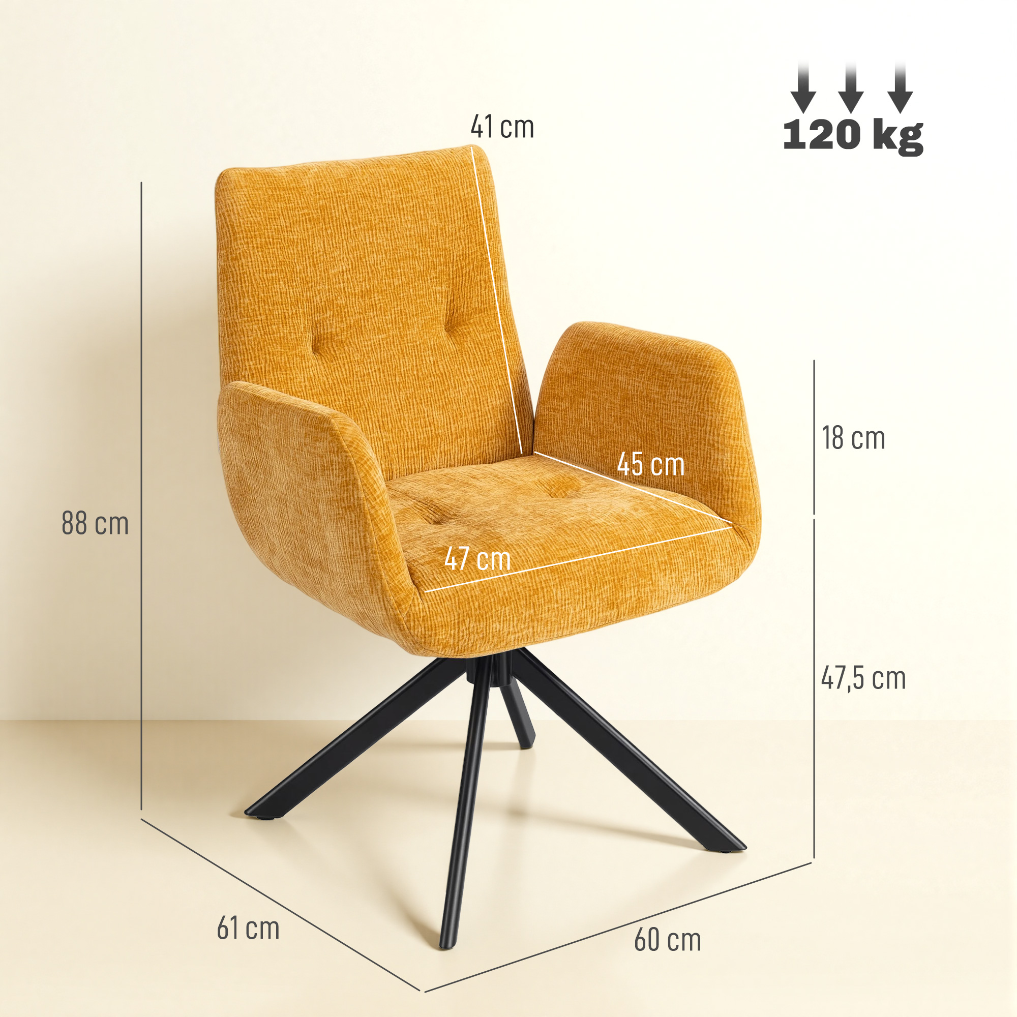 Polstersessel, Akzentsessel, modernes Design, drehbar, bis 120 kg, Gelb