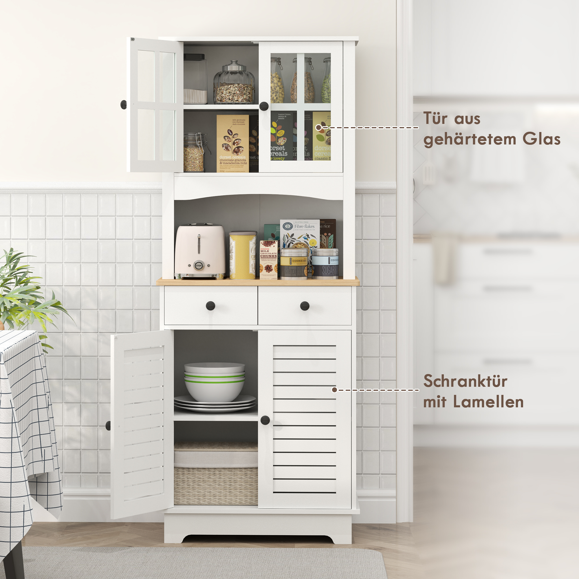Küchenschrank mit Glastüren, 2 Schubladen, Geschirrschrank, Esszimmerschrank, Holz, 68 x 39,5 x 170 cm, Weiß