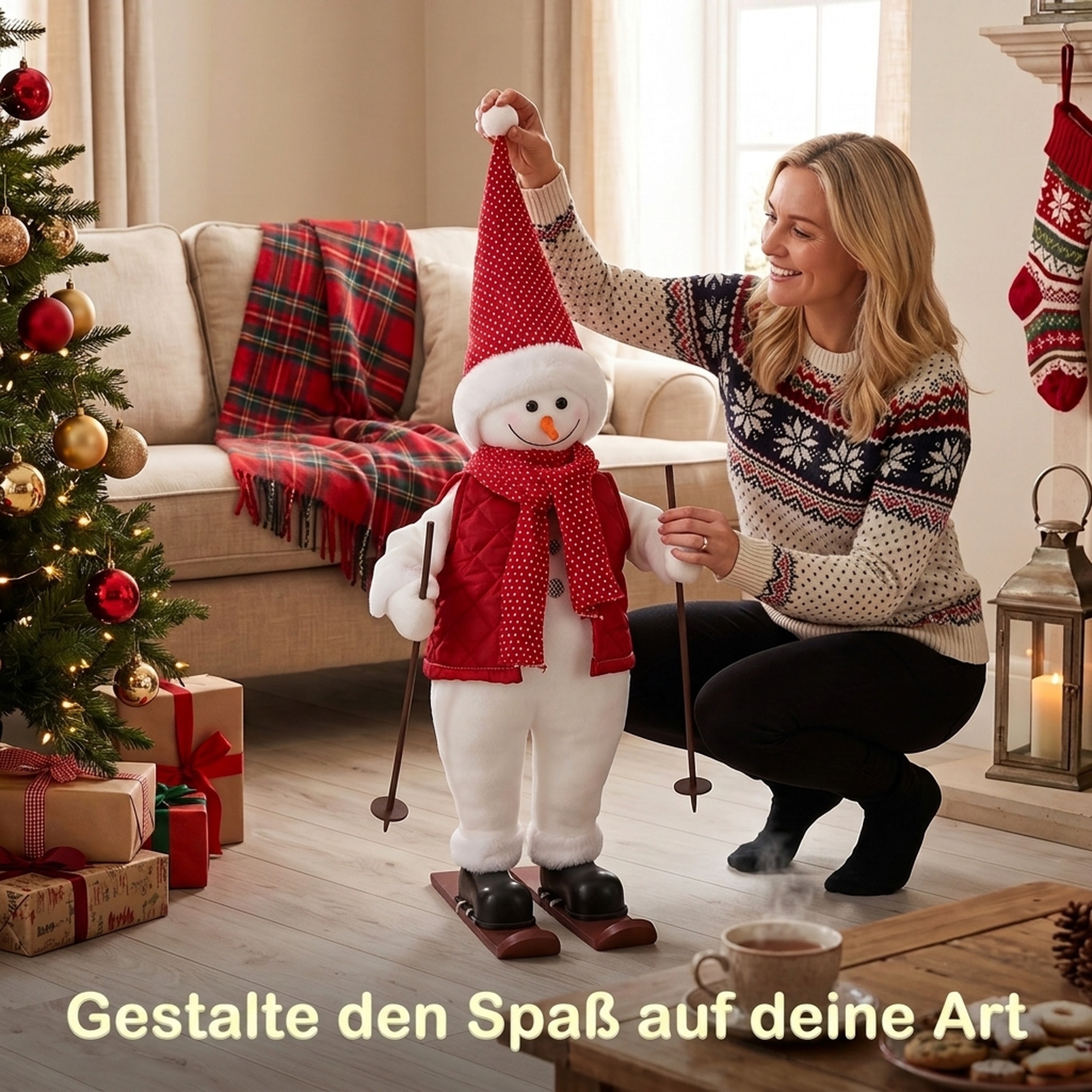 Singender Skifahrer-Weihnachtsmann, 65 cm, animierte Weihnachtsfigur mit Skiern, Stöcken und Sound-/Berührungsaktivierung