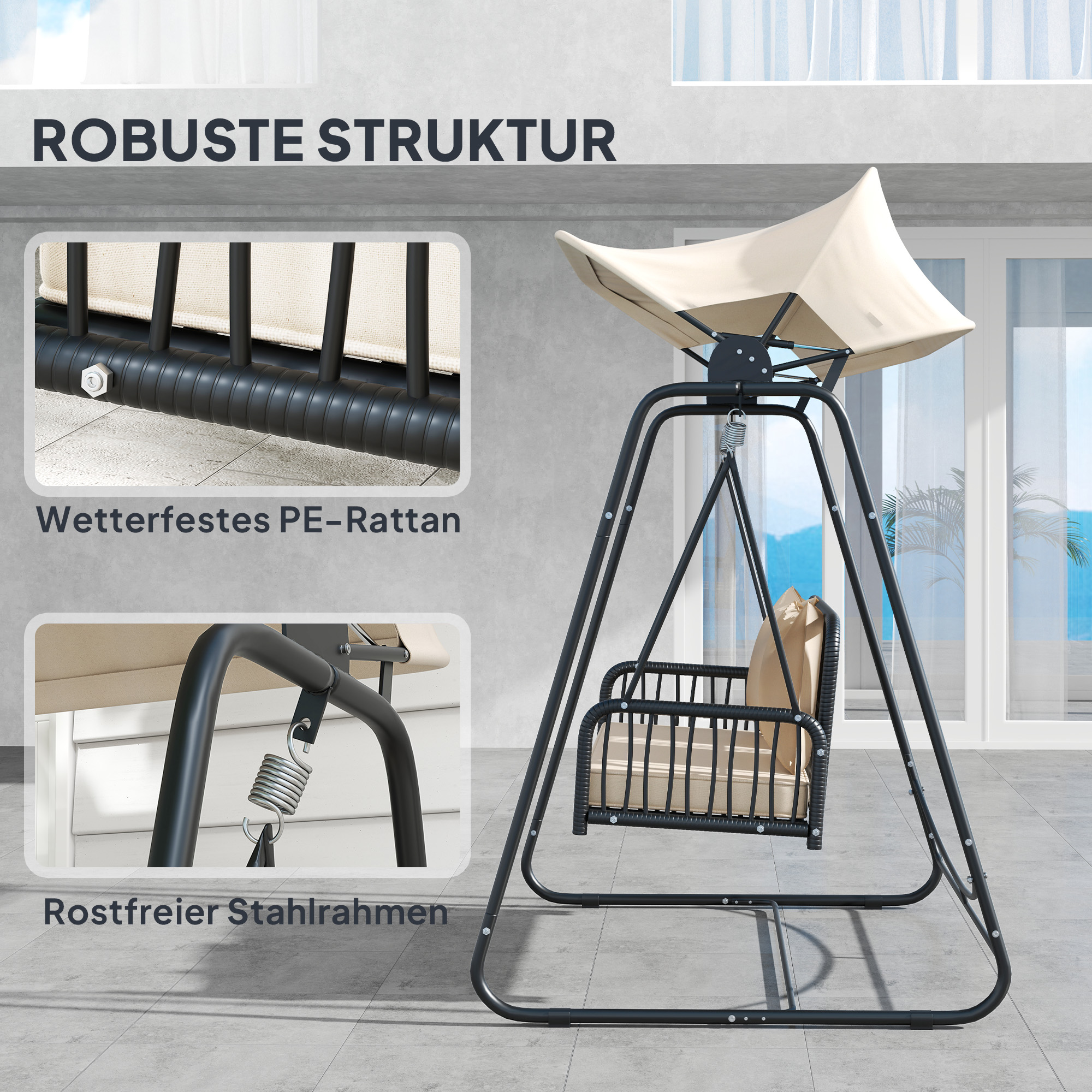Hollywoodschaukel Rattan 2-Sitzer Gartenschaukel mit Sonnendach Kissen bis 240 kg 149 x 121 x 180 cm Khaki