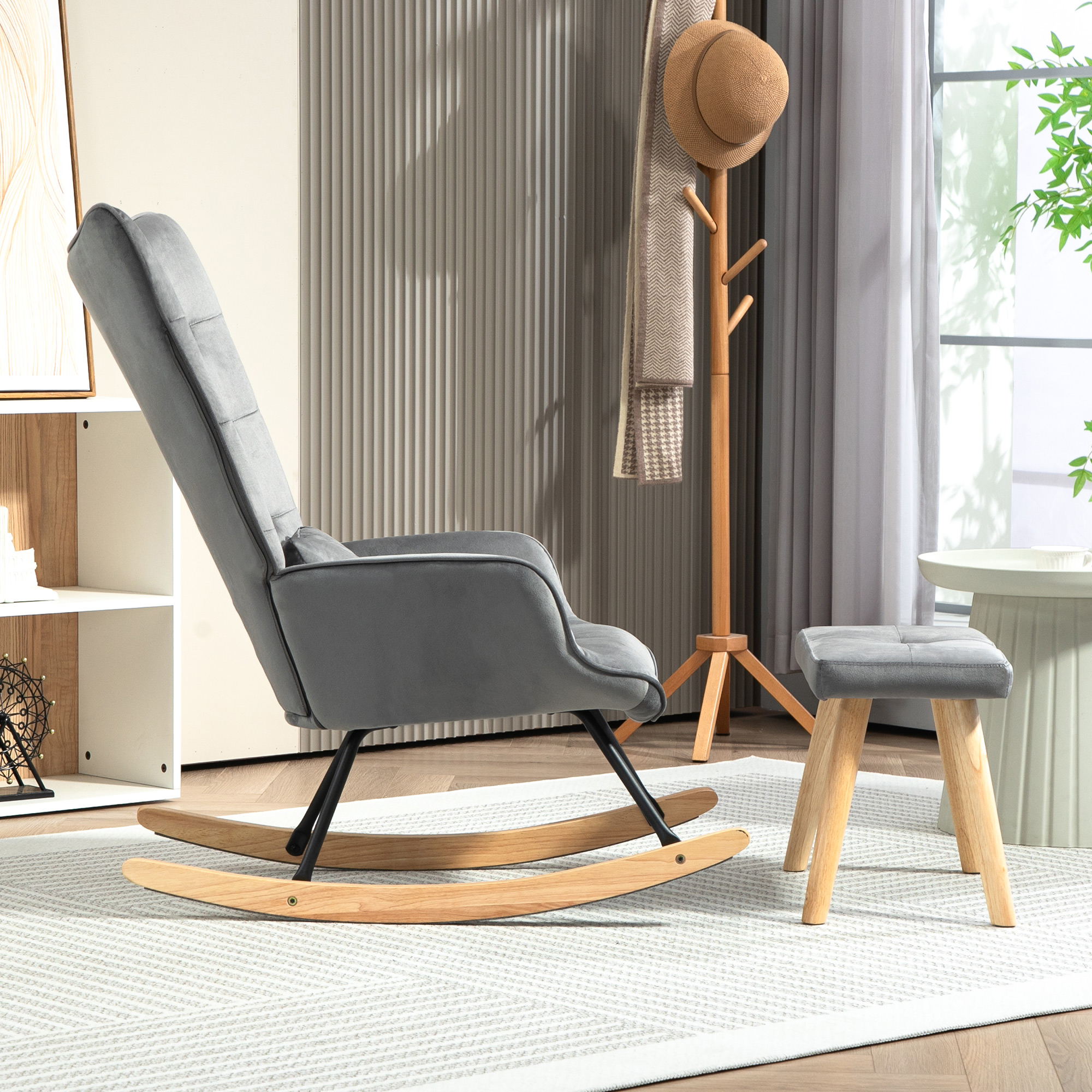 Akzentsessel mit Hocker, gepolstert, hohe Rückenlehne, Samtoptik, bis 150 kg, Dunkelgrau