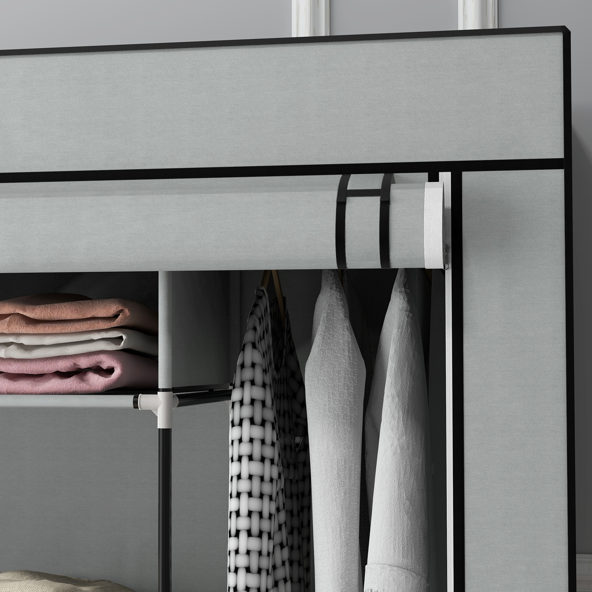 Kleiderschrank Stoffschrank, Türen, 2 Kleiderstangen, 10 Fächer, Grau