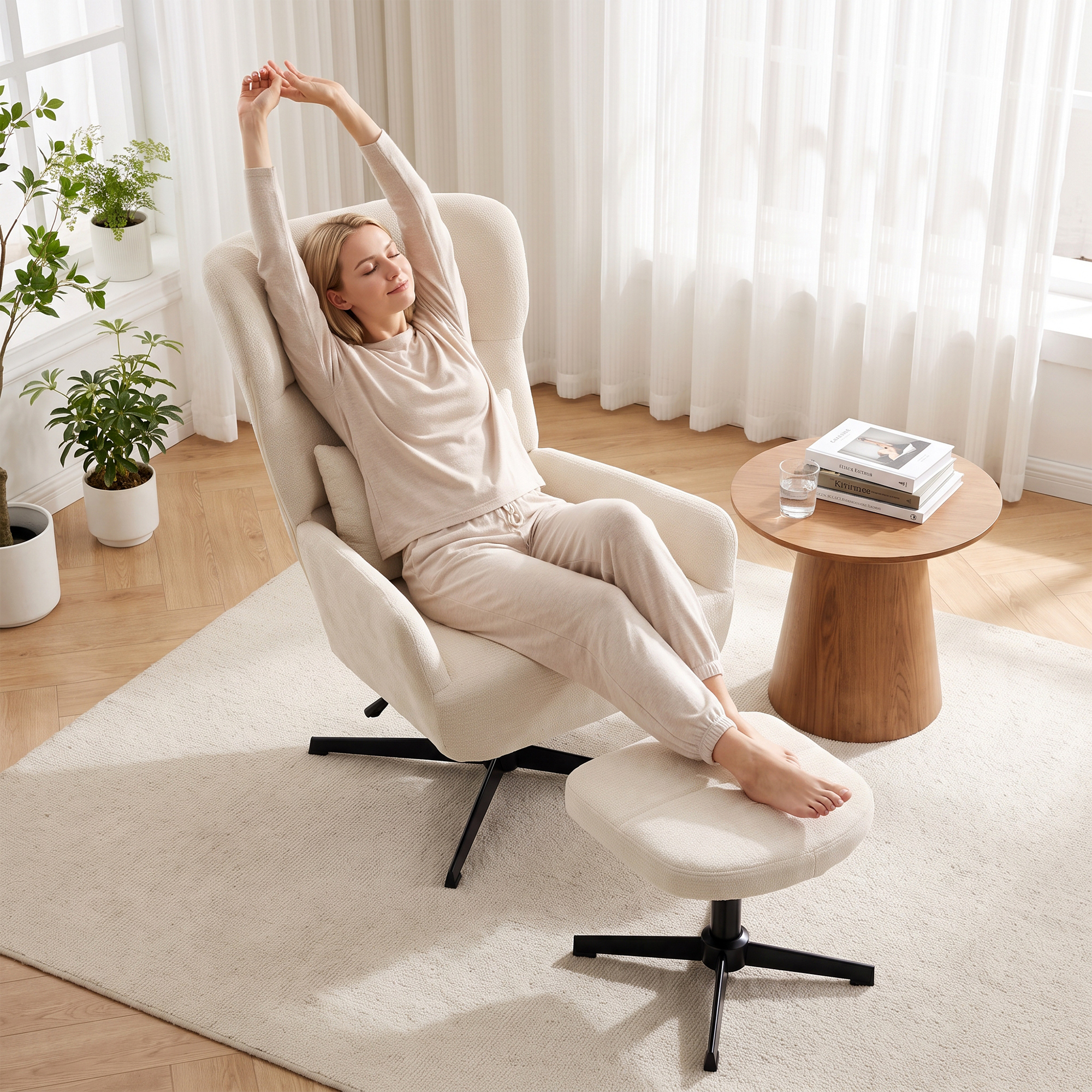 360° drehbarer Loungesessel mit Hocker, höhenverstellbar, Chenille-Bezug, mit Lendenkissen, Cremeweiß