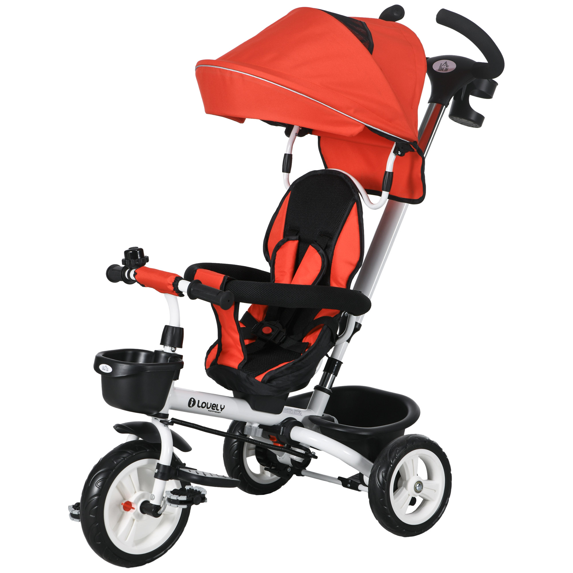 6-in-1 Kinderdreirad mit Schiebestange, Dach, Gurt, Ablagekorb, 18+ Monate, Rot