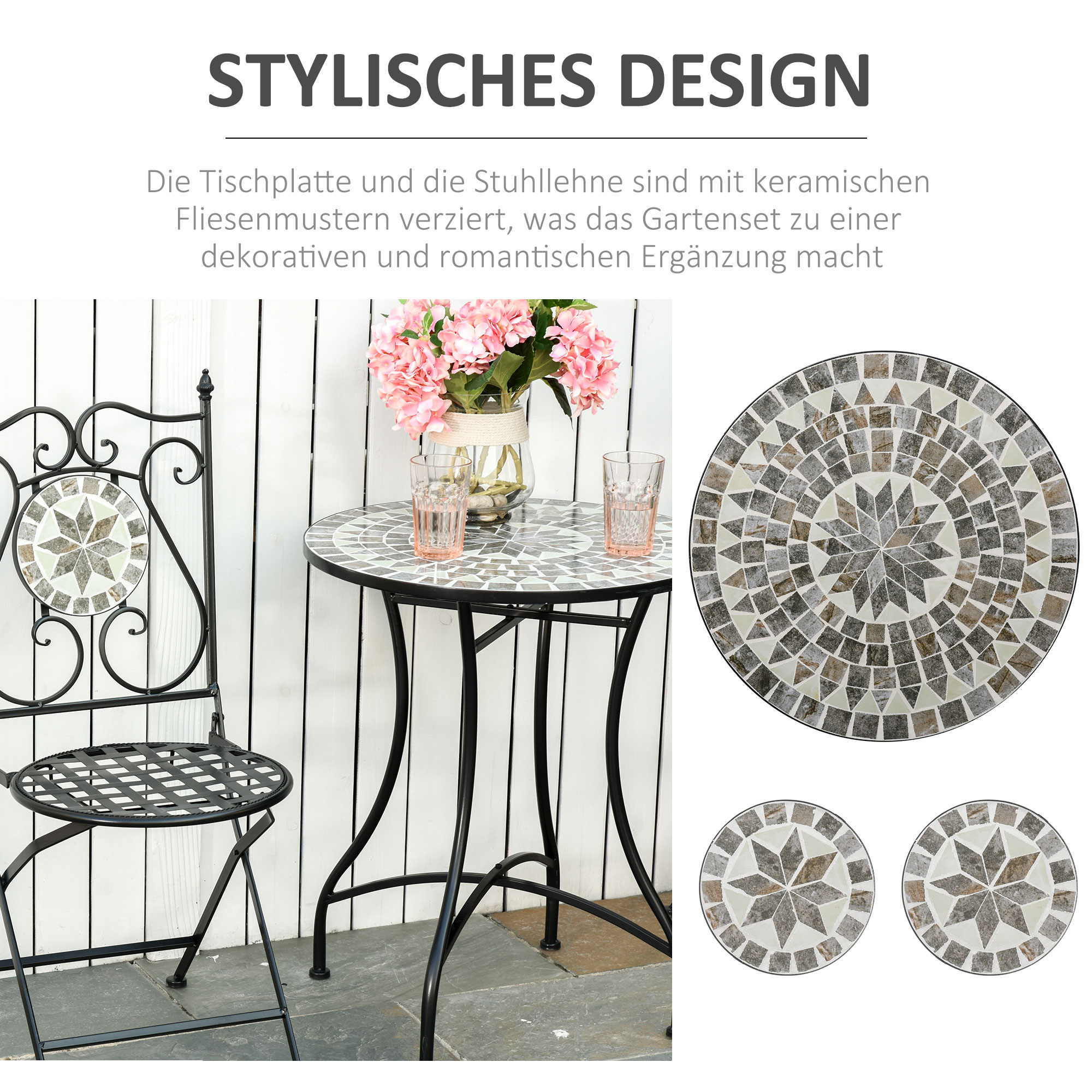 Garten Sitzgruppe für 2 Personen Balkonmöbel Set Mosaiktisch+faltbare Stühle Metall Keramikfliese Mehrfarbig