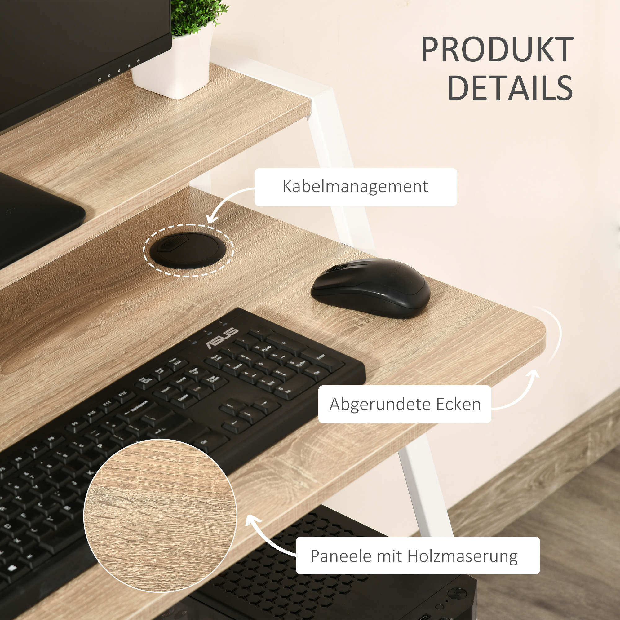 Schreibtisch, Computertisch mit Ablage und Kabel Management, moderner Schreibtisch mit Metallgestell für Arbeitszimmer, Schlafzimmer, Home Office, 84 x 45 x 85 cm, Weiß+Eiche