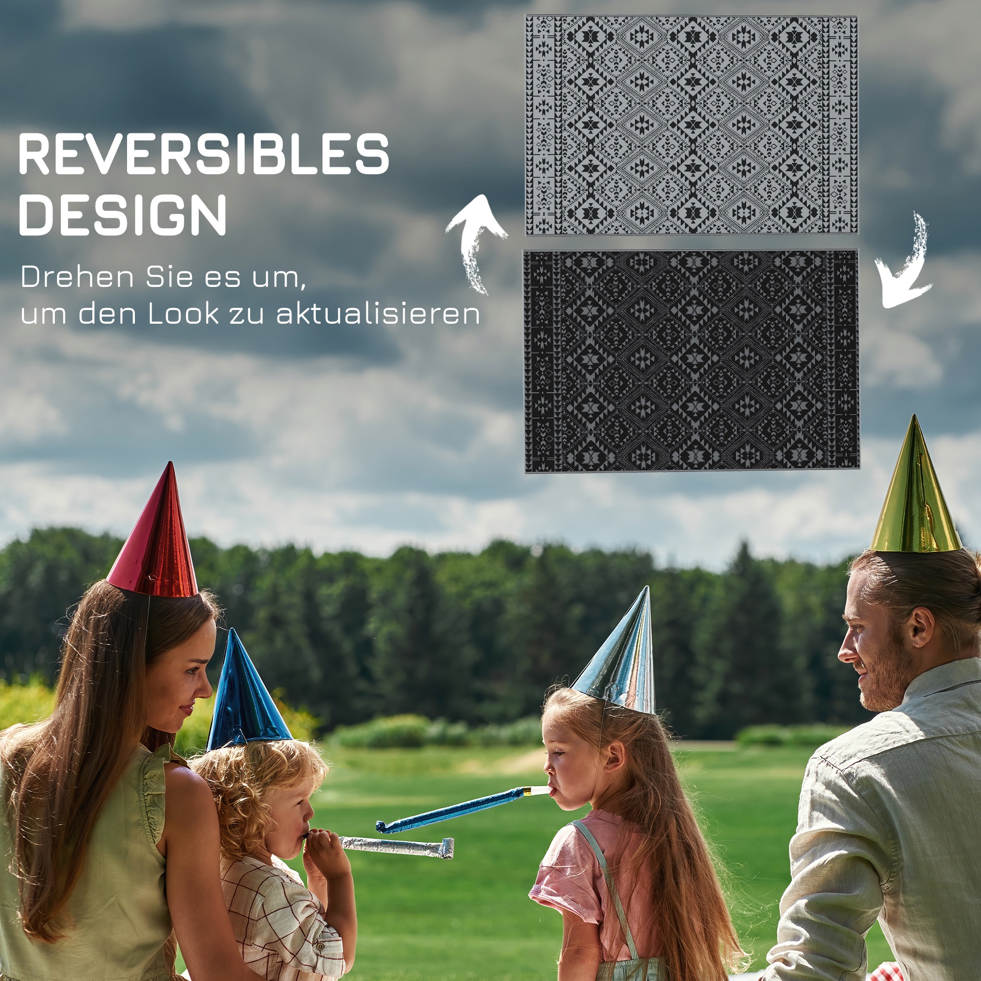 Outdoor Wendeteppich, wasserfest, geometrisch, 182x274cm, Schwarz/Grau