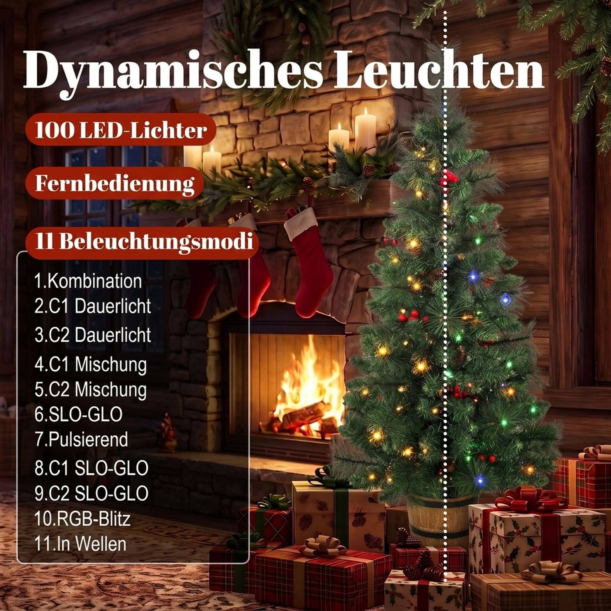 Künstlicher Weihnachtsbaum, 120 cm Christbaum mit 100 LED-Beleuchtung 131 Spitzen Beeren, 2 Lichtfarben, Fernbedienung