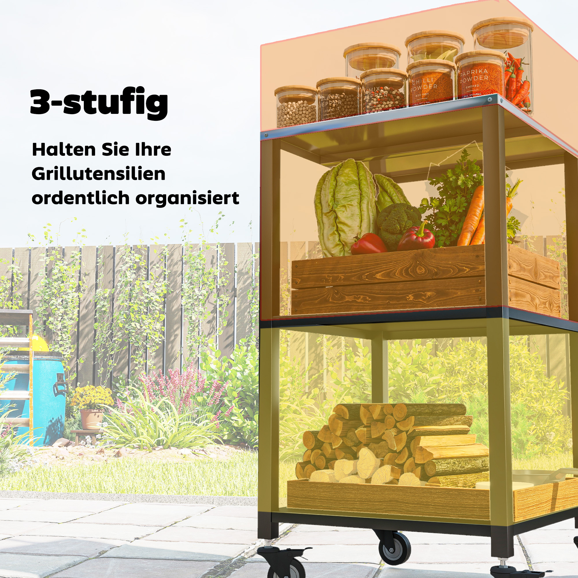Grillwagen 3-Etagen Grilltisch mit Edelstahl Arbeitsfläche Rollen mobiler Servierwagen 50 x 50 x 90 cm Schwarz