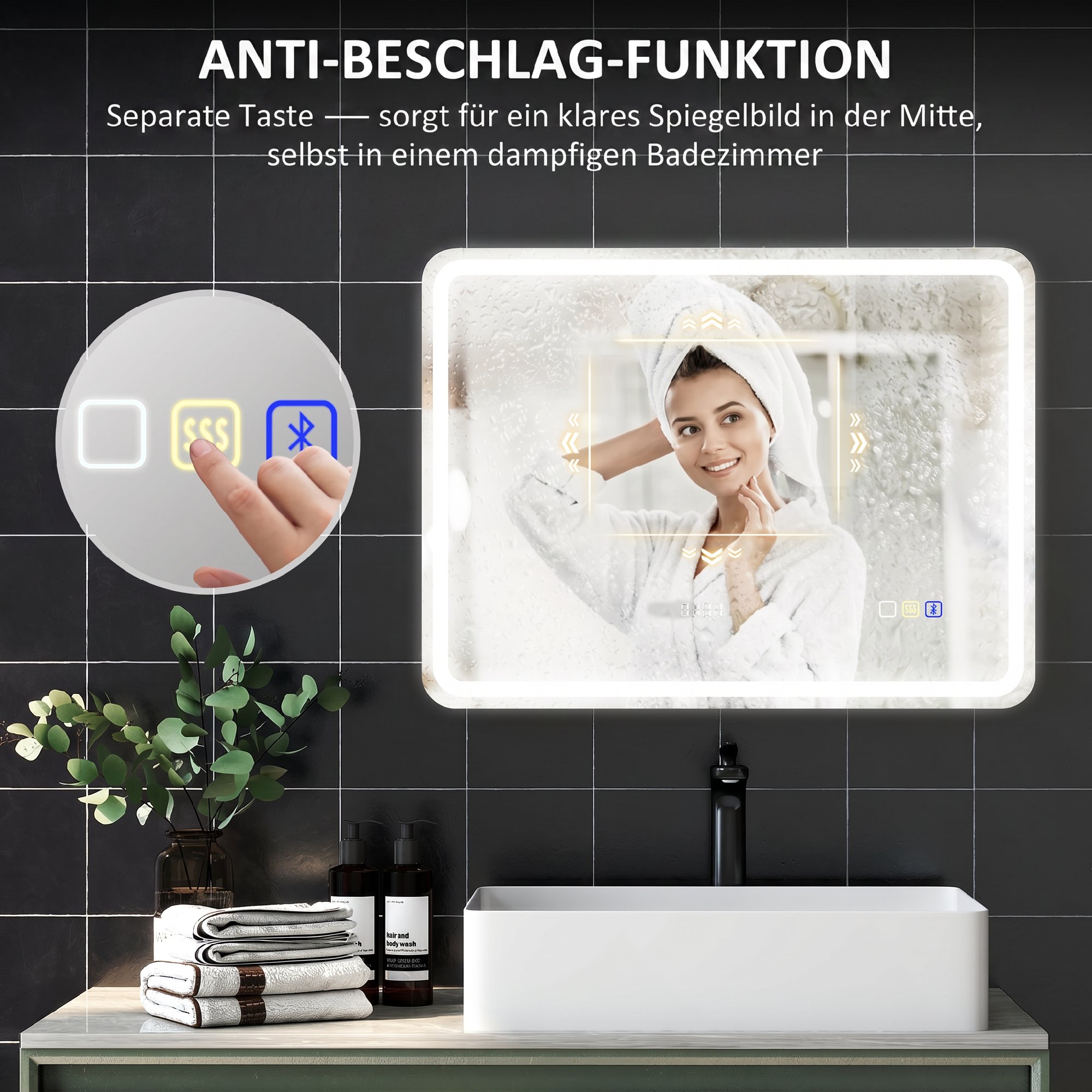 Badezimmerspiegel mit LED-Beleuchtung, Anti-Beschlags-Pad, 3 verstellbare Farben, Uhr, 600 x 800 mm, Silberfarben