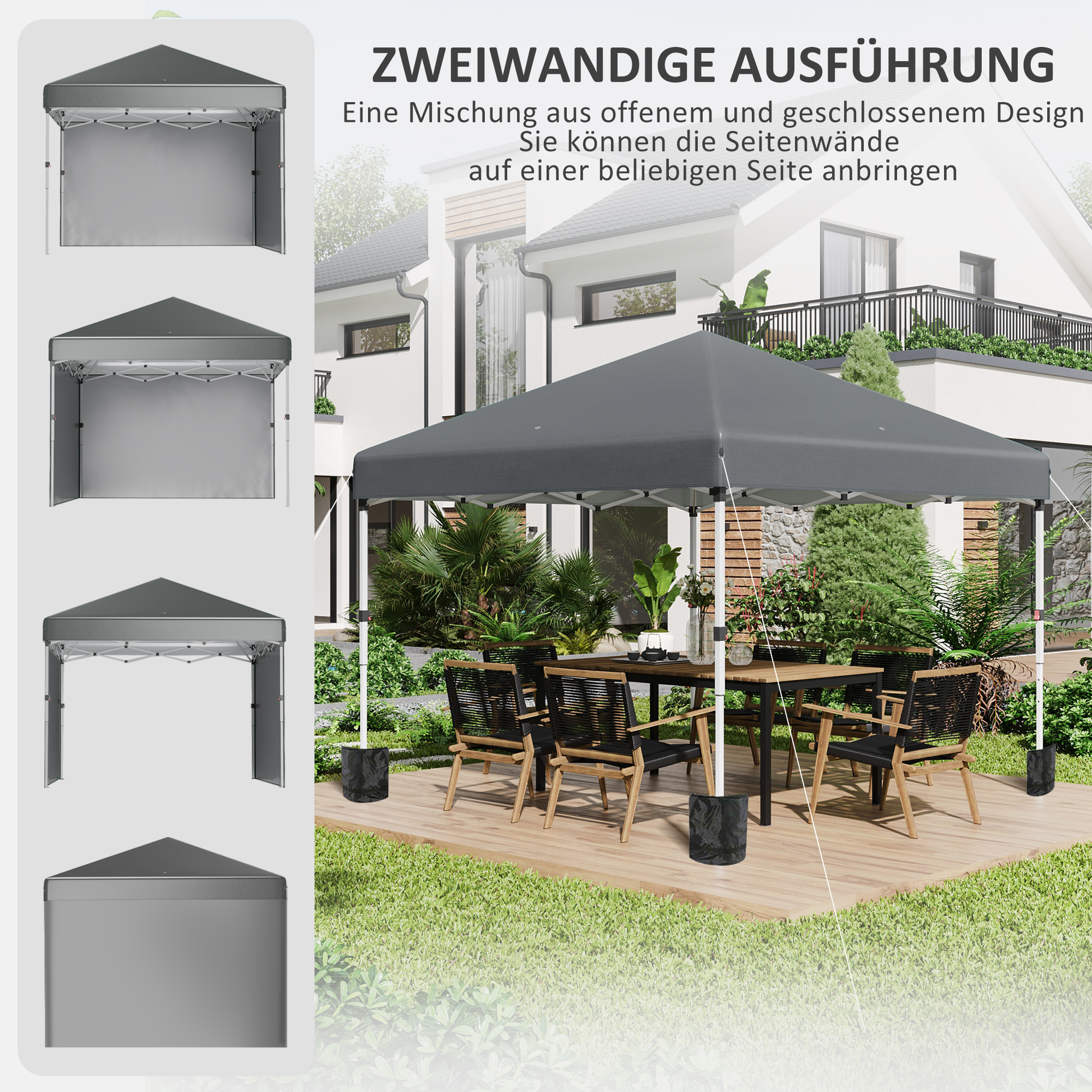 Faltpavillon, 2 Seitenwände, höhenverstellbar, mit Transporttasche, rostfreies Stahlgestell, 3x3 m, Dunkelgrau