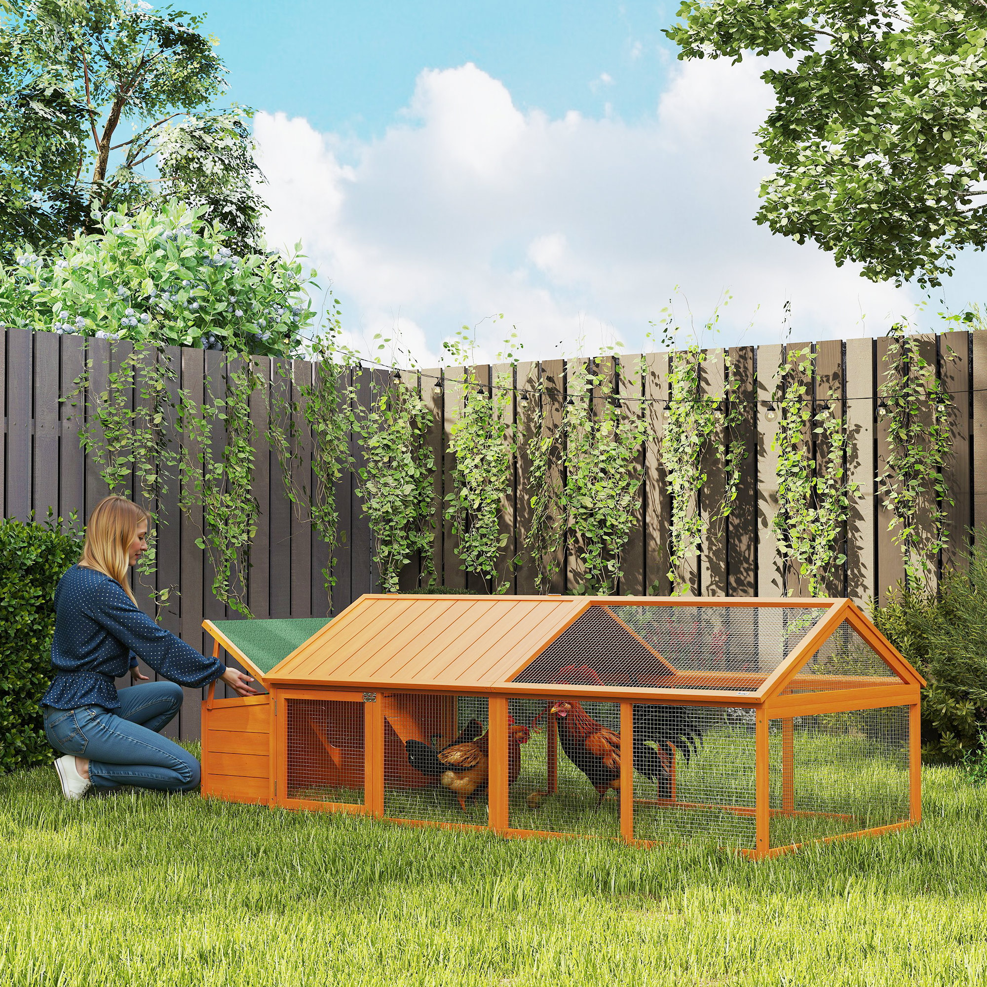 Hühnerstall Freilaufgehege 2,4 x 1,125 x 0,76 m Freigehege mit Schloss Tür aufklappbar Dach Tannenholz Orange