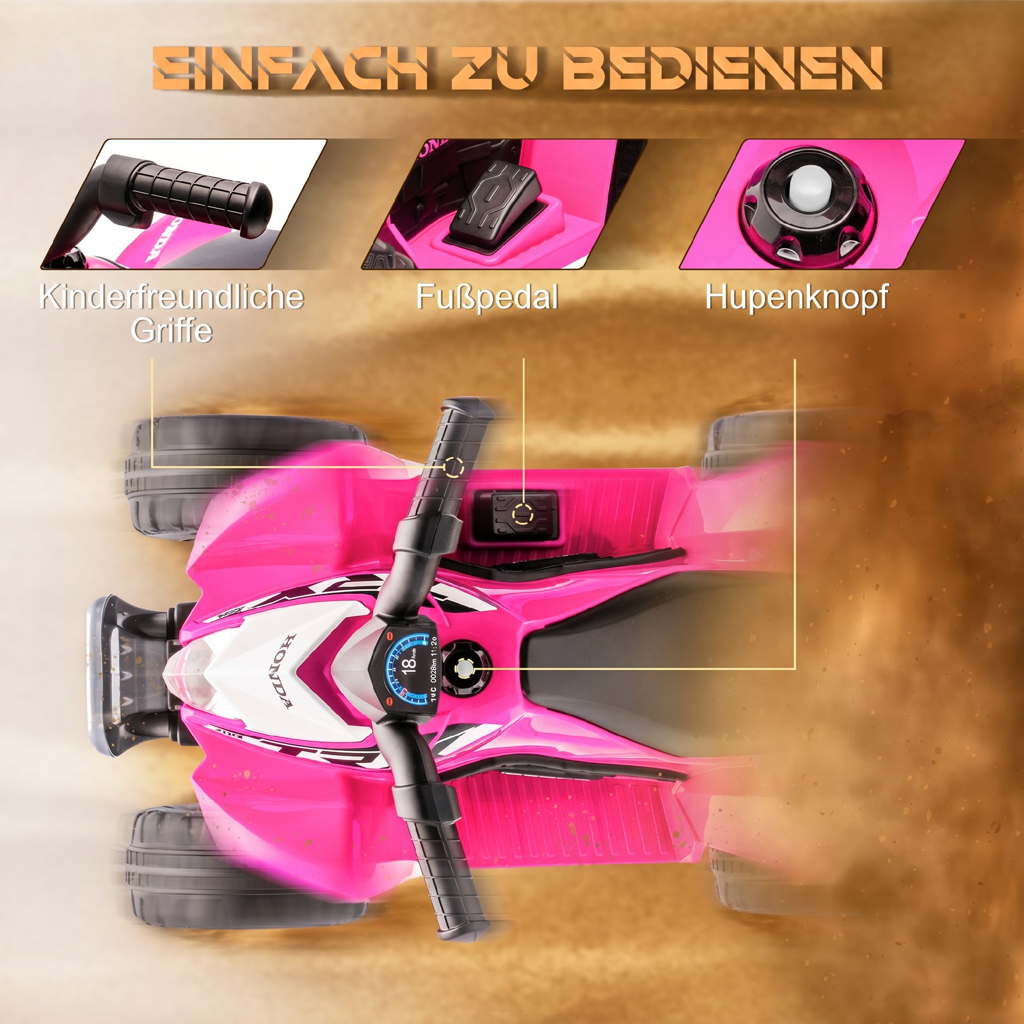 Elektro-Kinderquad, LED-Licht, Hupe, breite Reifen, bequemer Sitz, rutschfeste Griffe, Rosa