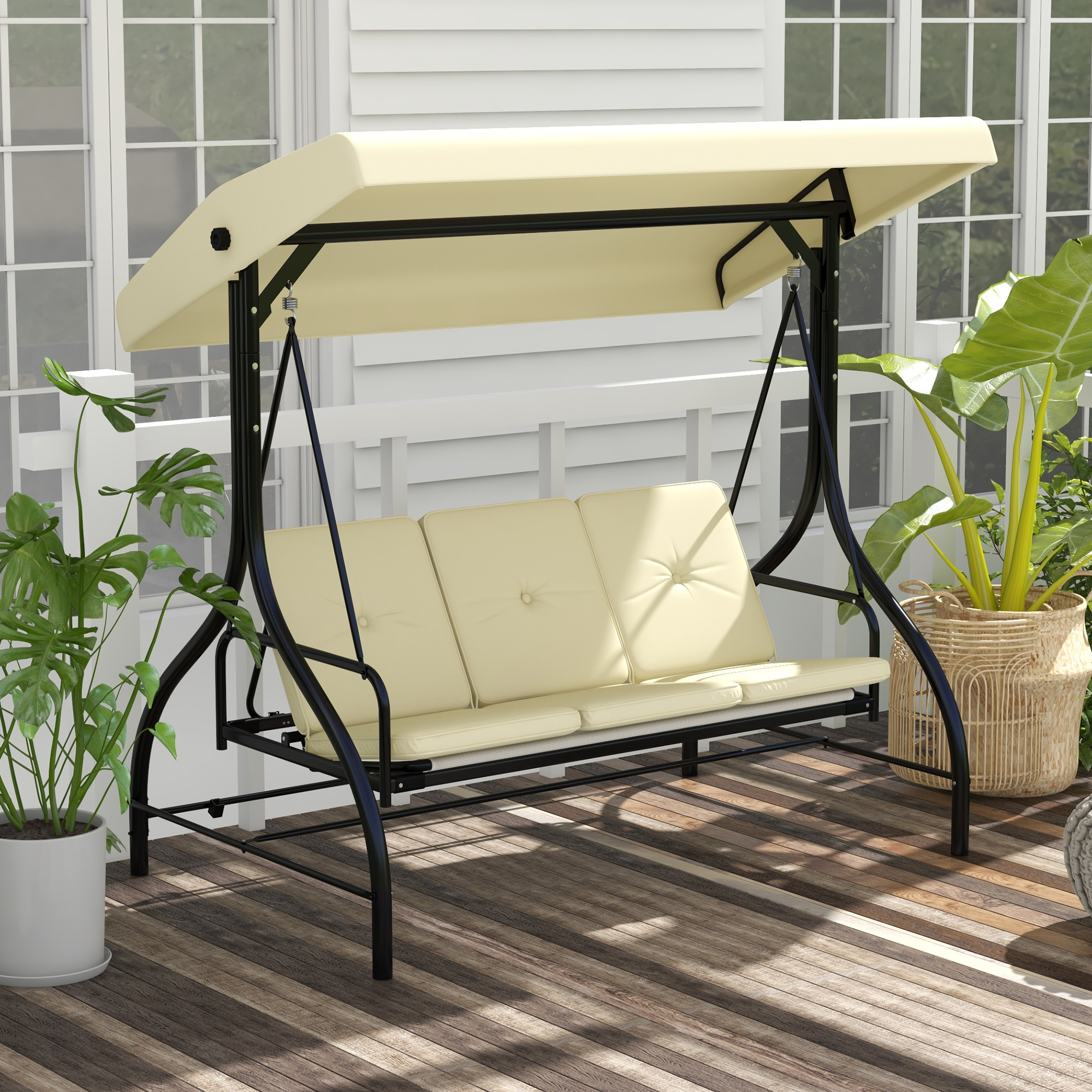 Schaukelbank, Hollywoodschaukel mit Sonnenschutz, Gartenschaukel, Verandaschaukel, 3 Sitze, Schaukelbett