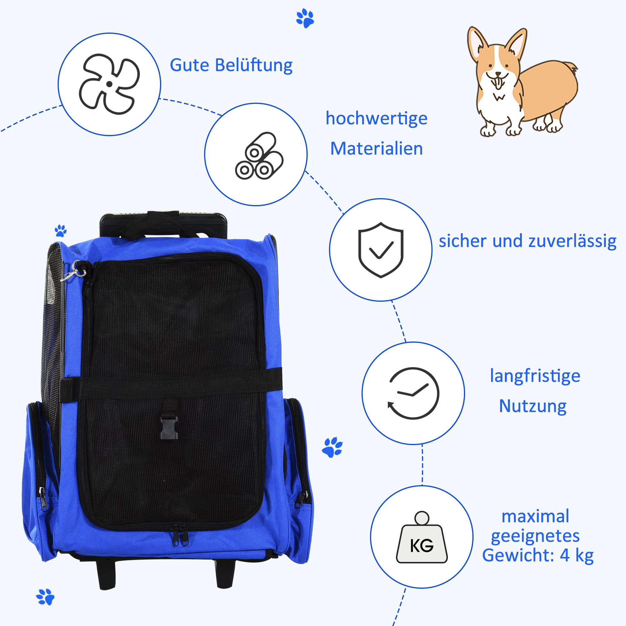 Hundetransporttasche, Haustierrucksack, 2-in-1-Design, ausziehbarer Griff, Seitentaschen, Blau, 42 x 25 x 55cm