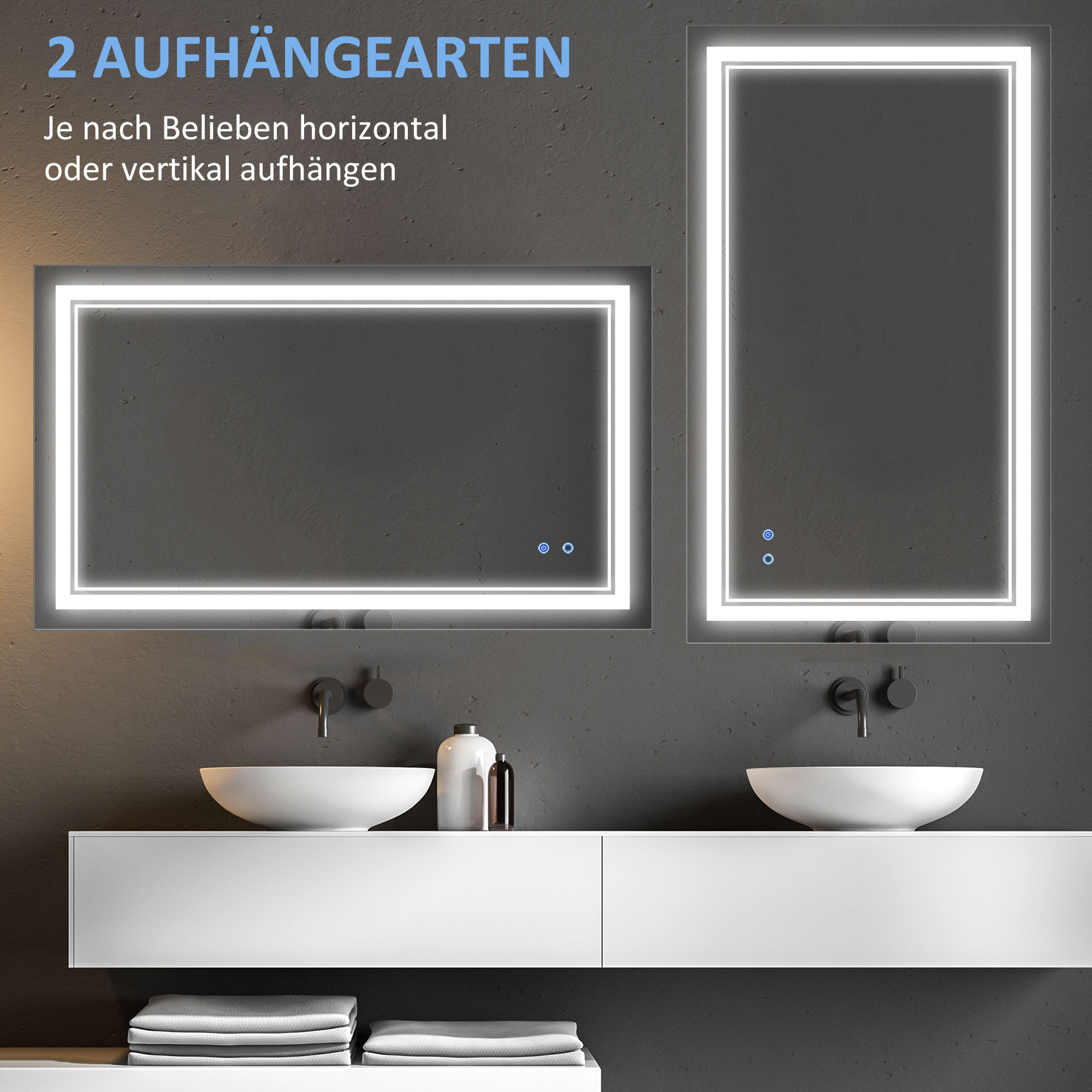 Badezimmerspiegel mit LED-Beleuchtung, Memoryfunktion, Berührungsschalter, Spritzwassergeschützt, Silber