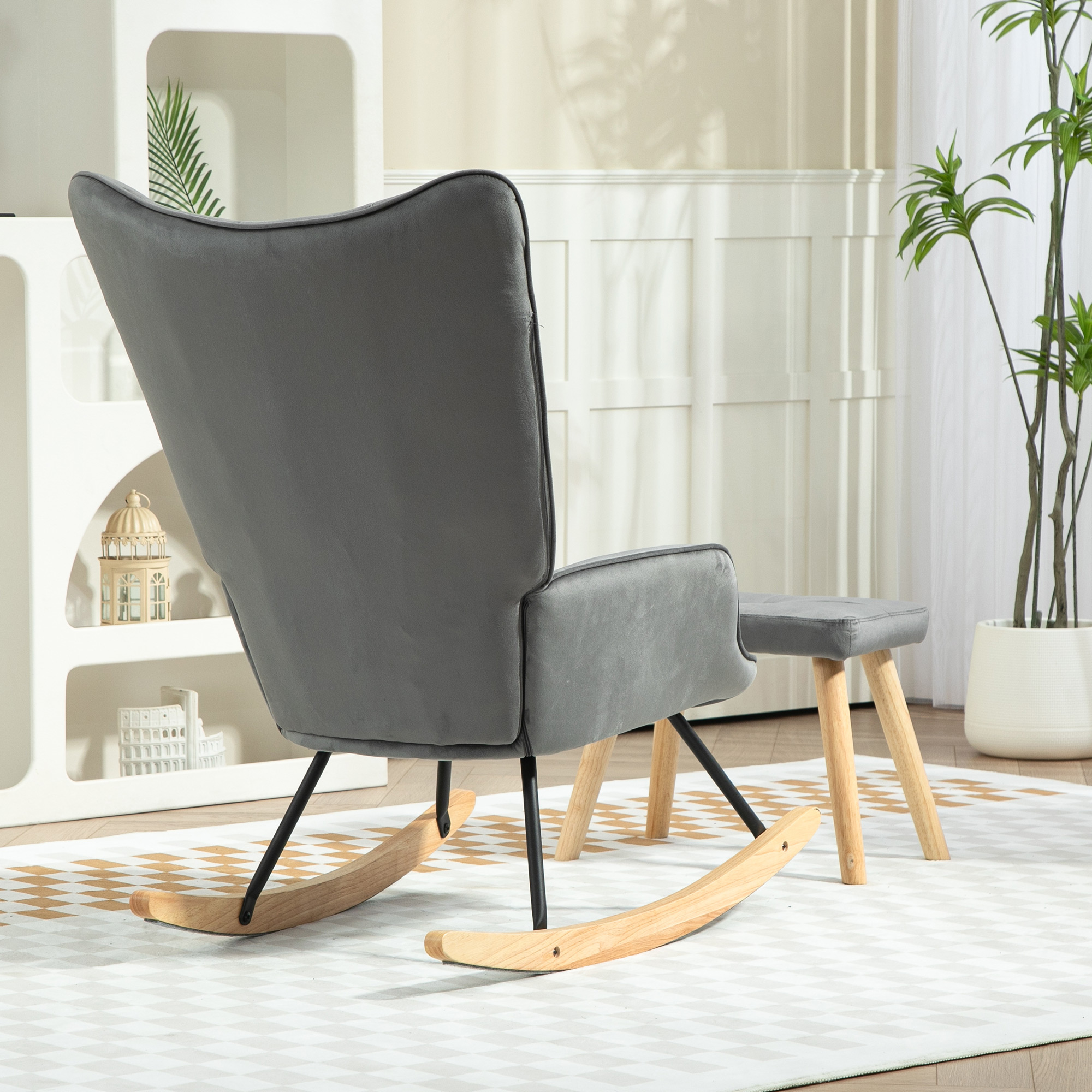 Akzentsessel mit Hocker, gepolstert, hohe Rückenlehne, Samtoptik, bis 150 kg, Dunkelgrau