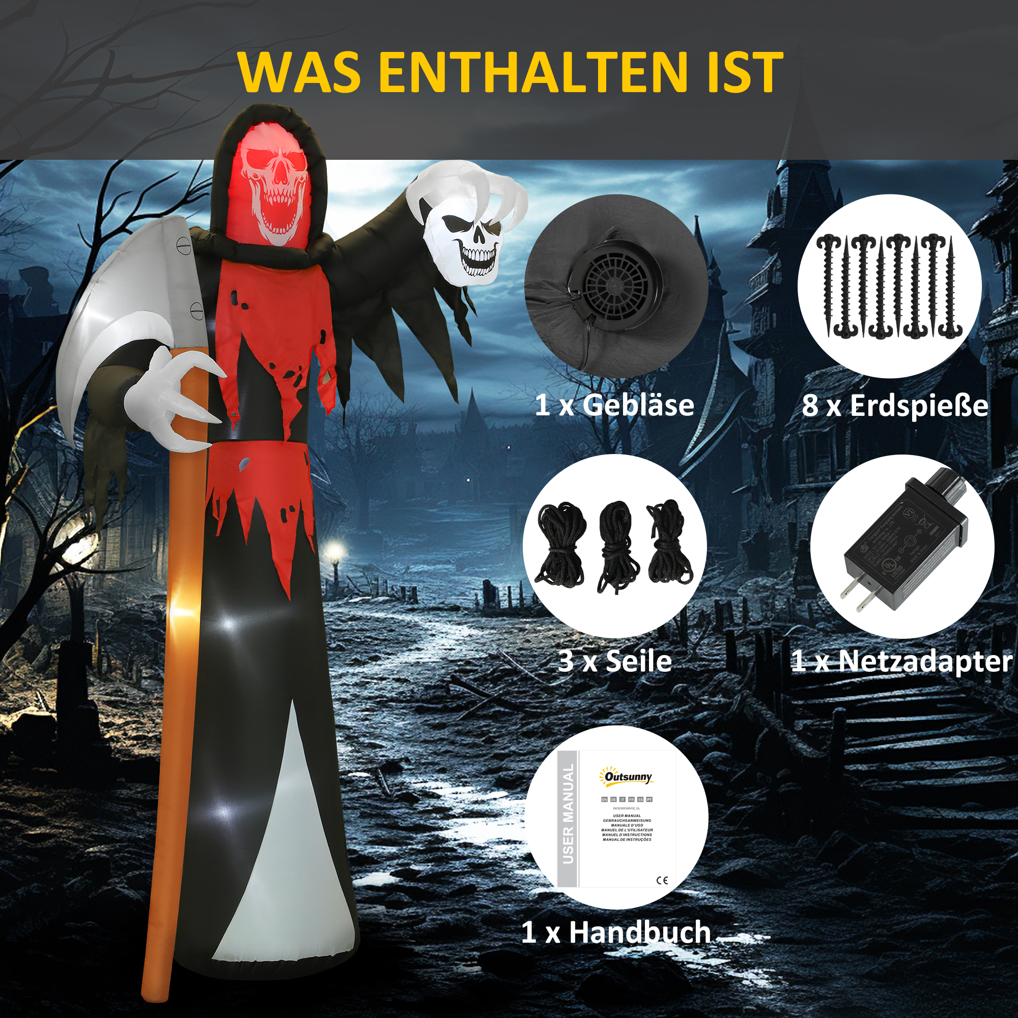 Halloween-Dekoration 3,7 m riesiger Sensenmann mit LED-Beleuchtung Leuchtende Luftfigur für Outdoor