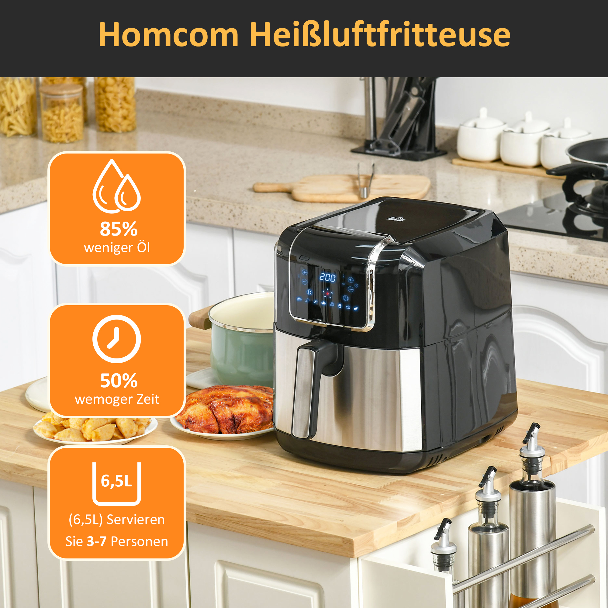 Heißluftfritteuse 6,5 L 1700W mit 8 Menüs LED-Display Antihaftbeschichteter Korb für gesundes ölfreies fettarmes Kochen Schwarz 36,5 x 29 x 33,8 cm