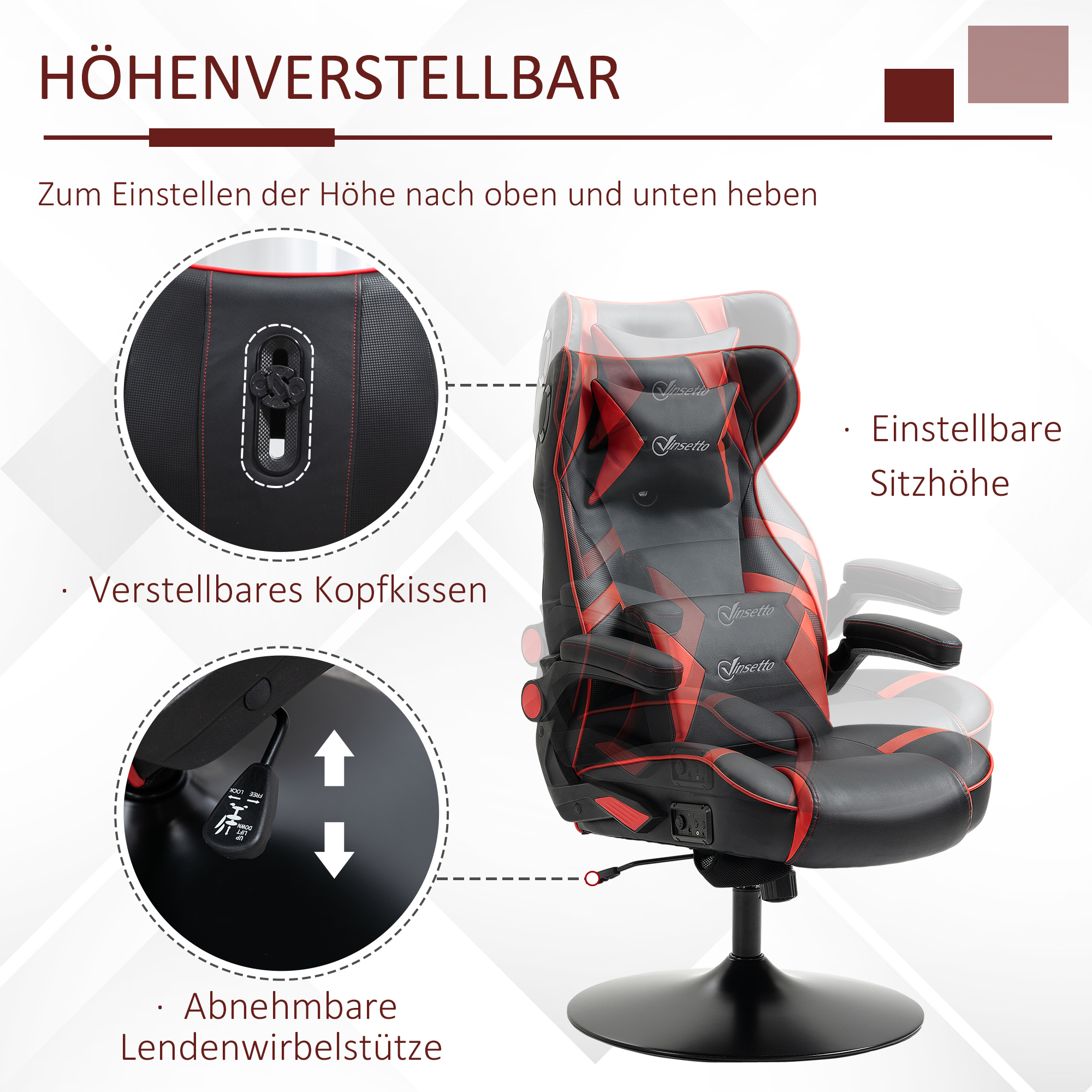 Gamingsessel, Gamingstuhl, integrierte Lautsprecher, neigbare Rücklehne, schwarz+rot, 69 x 73 x 118cm