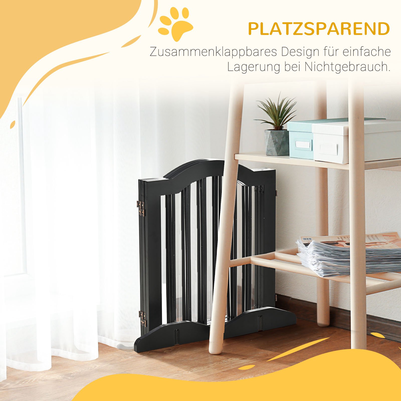 Absperrgitter Hund 3-teilig, 154,5 x 61 cm Faltbar Hundegitter mit Tür, Türschutzgitter mit 2 Stützfüßen, Freistehend Treppengitter für Küche, Flur, Schwarz