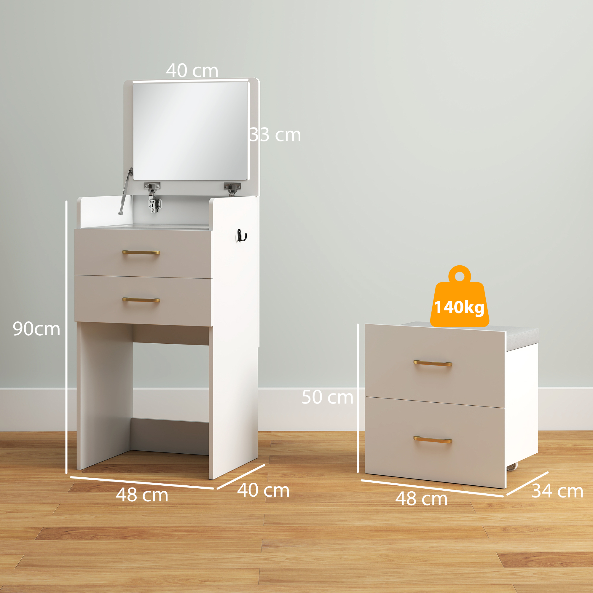 3-in-1-Schminktisch mit Spiegel, Nachttisch, Rollhocker, Schubladen, Weiß