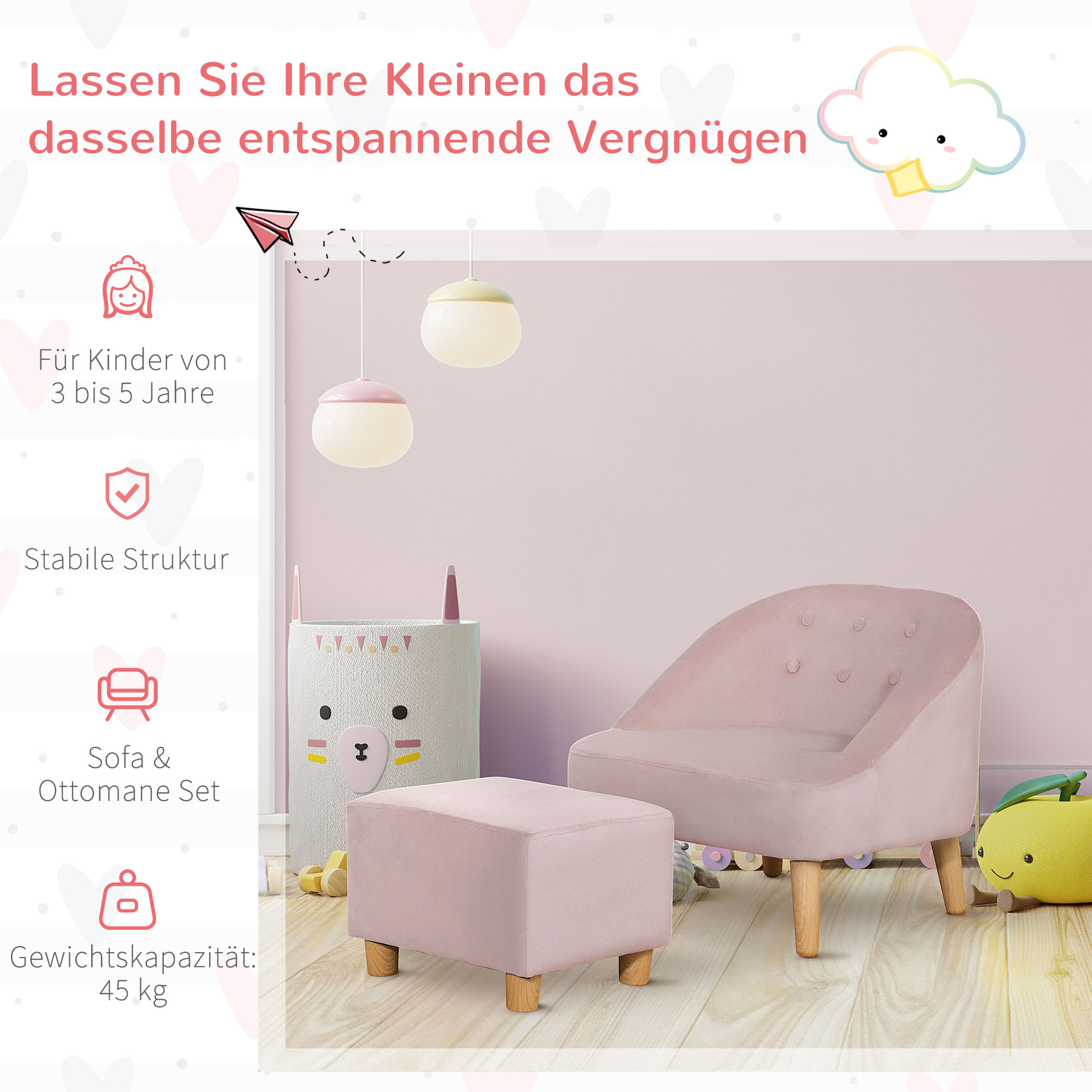 Kindersessel mit Ottomane für Kinder von 3 bis 5 Jahren Niedliches Design Samtoptik 51 cm x 51 cm x 50 cm Rosa