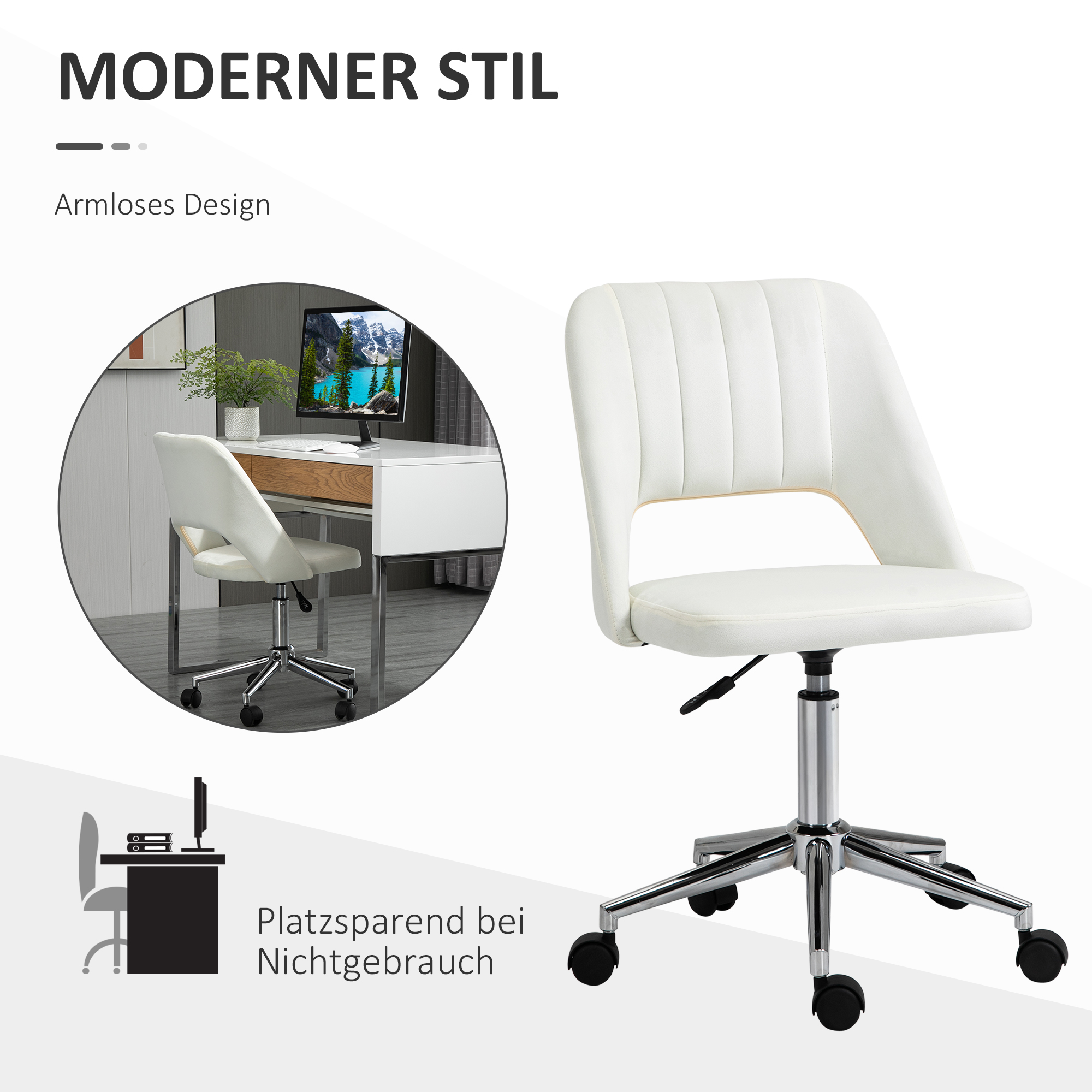 höhenverstellbarer Schreibtischstuhl mit Rollen, 360° drehbar, Jakobsmuschel-Form, Schaumstoff, 49 x 60 x 79-91 cm, Cremeweiß