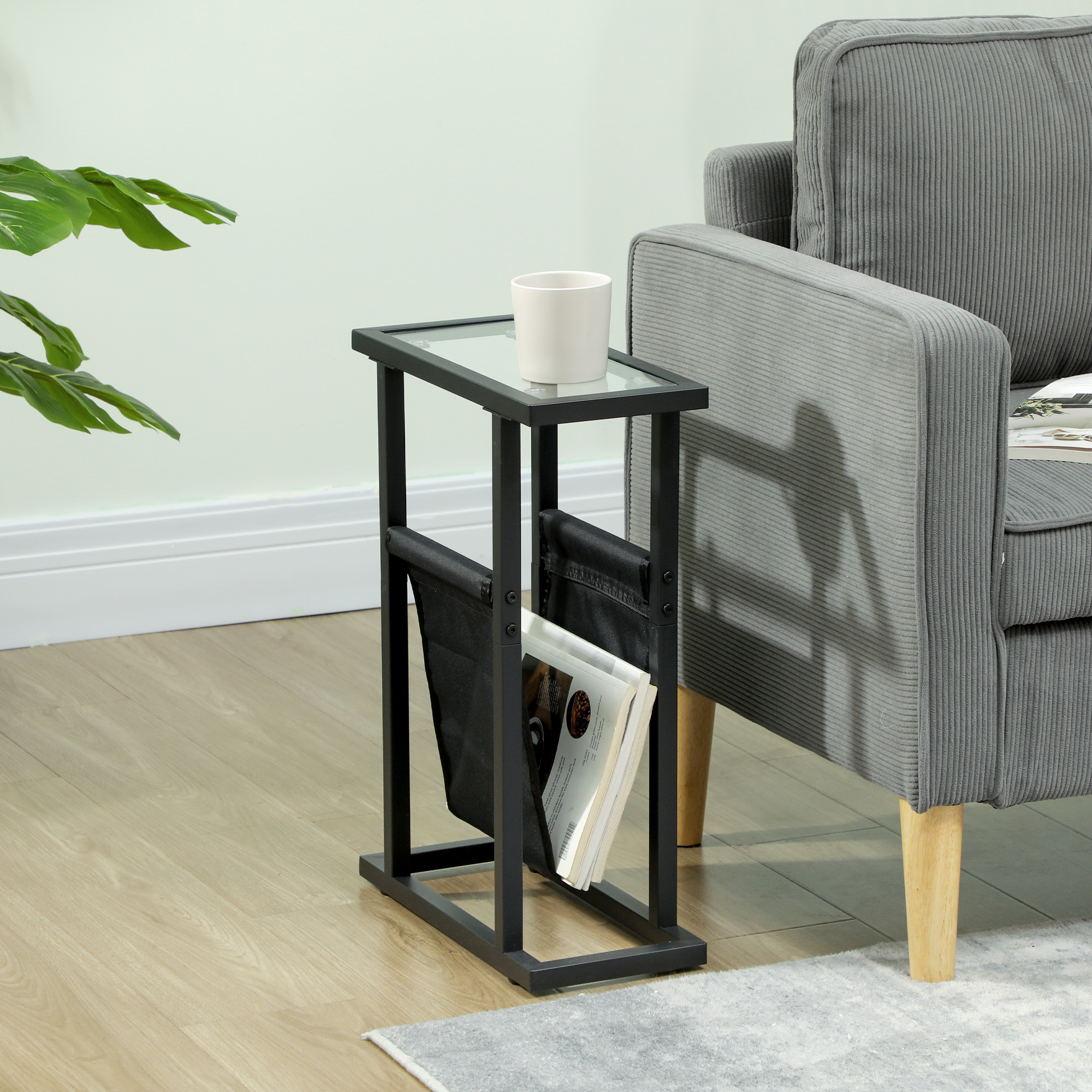 Beistelltisch aus Metall mit Stofftasche und Glasplatte, schmaler Tisch für Wohnzimmer, Schlafzimmer, Schwarz