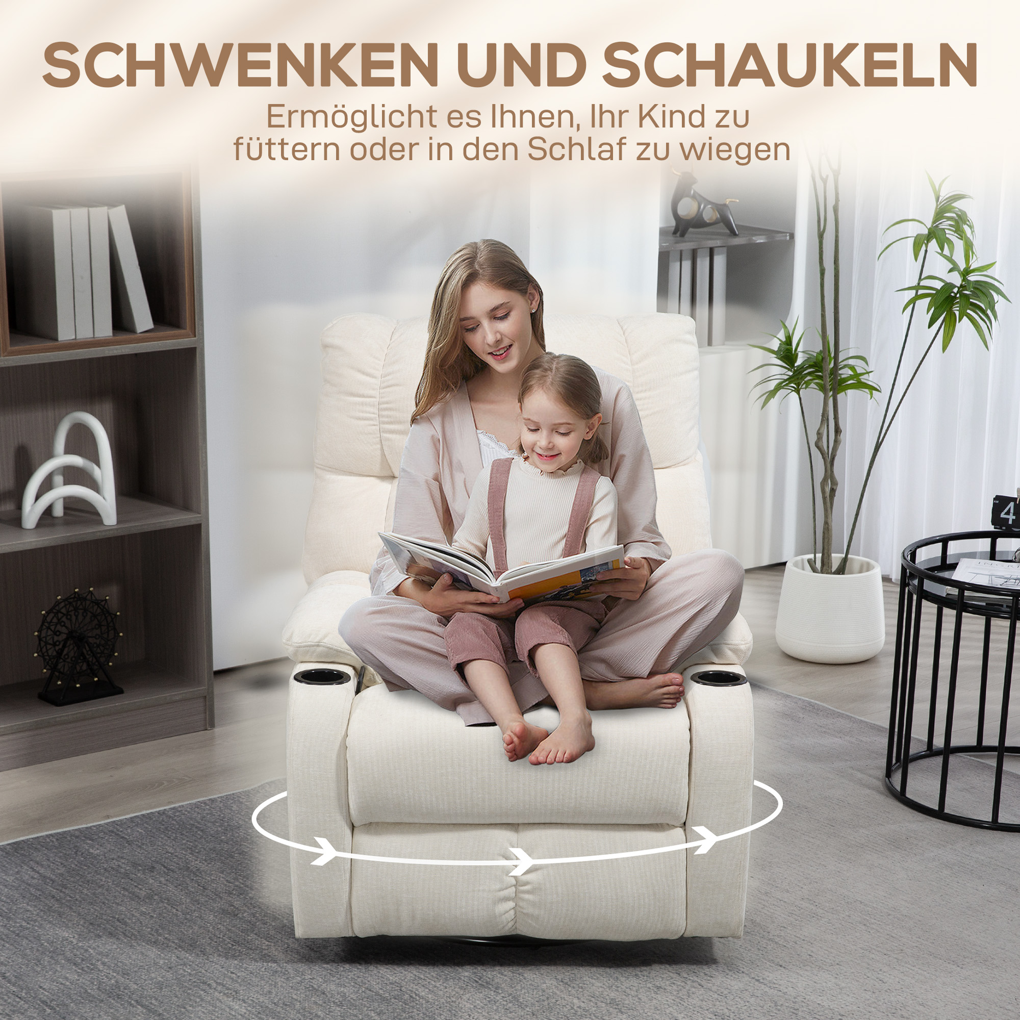 Relaxsessel mit Fußstütze, Liegesessel, drehbar, bis 150 kg, Stahlrahmen, 88x96x108cm, Beige