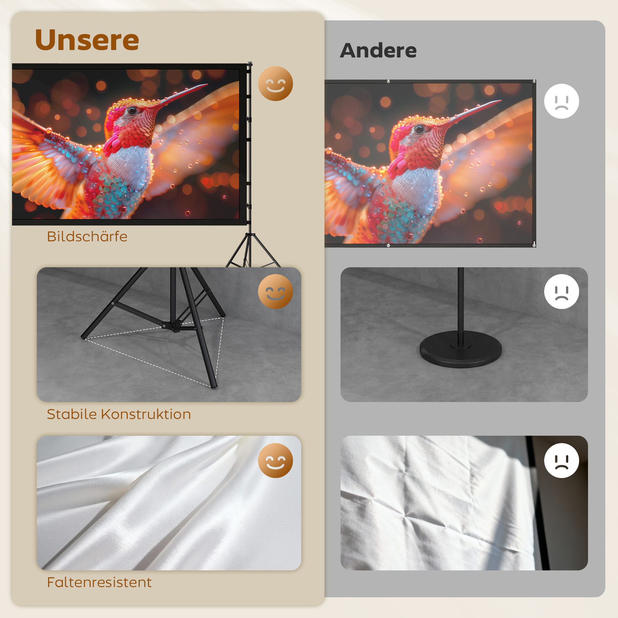 100 Zoll 16:9 HD 4K/8K Projektor-Leinwand mit Ständer, tragbare doppelseitige Leinwand mit klappbaren Stativen, Weiß