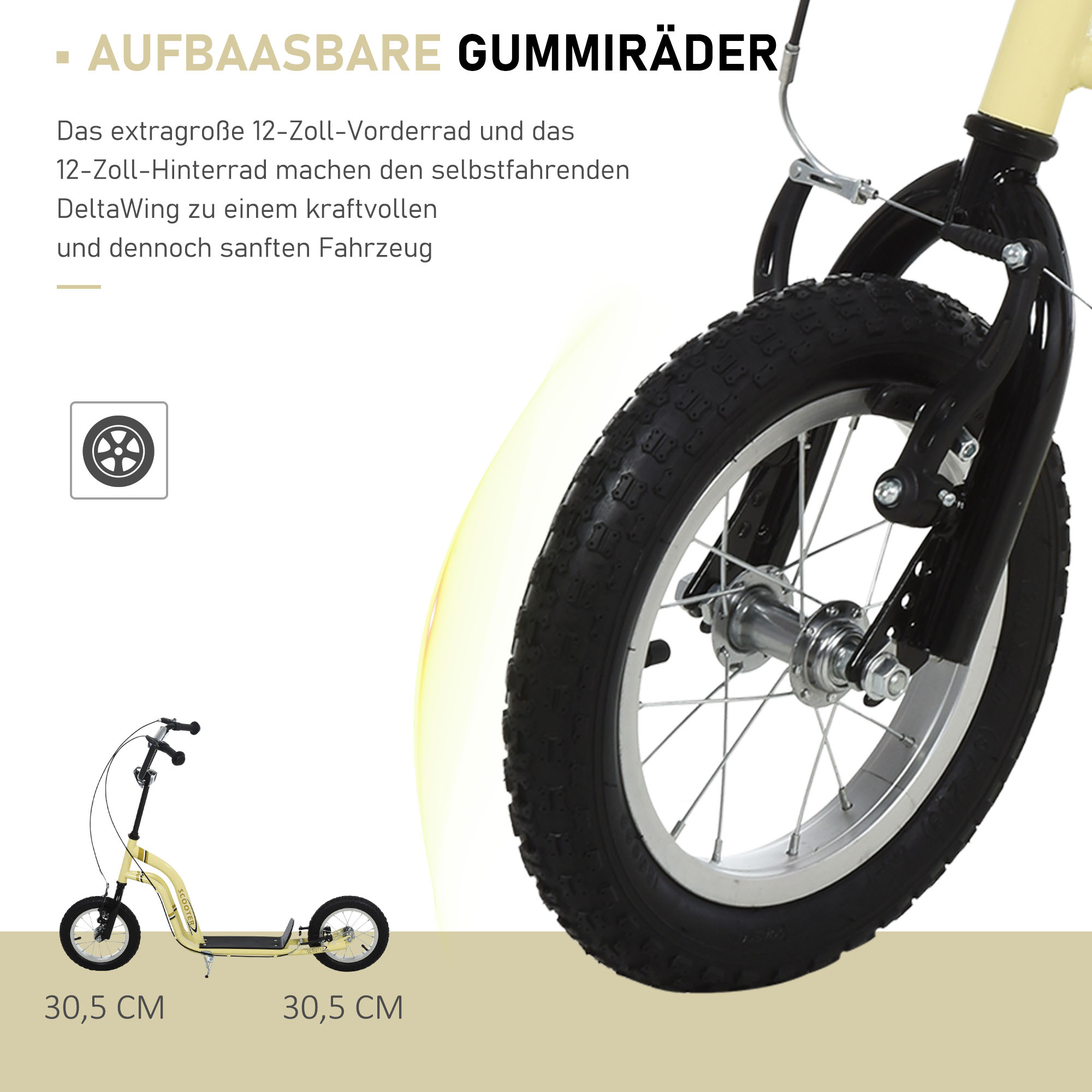 Kinderroller ab 5 Jahre Scooter Kinderscooter Tretroller Cityroller Kinder Roller Kickboard mit Luftreifen 12 Zoll Gummi Aluminium Beige 120 x 58 x 85-95 cm