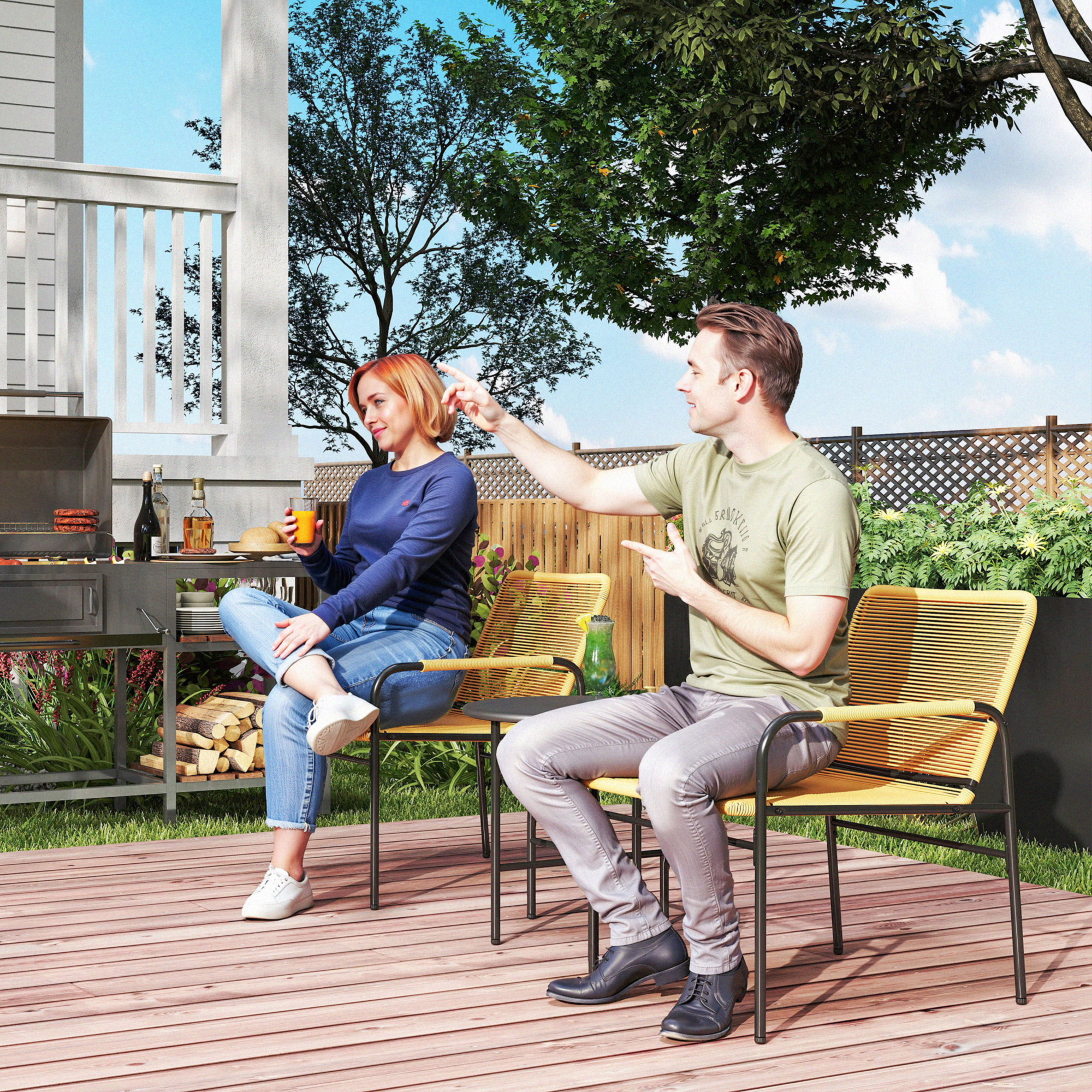 3-tlg. Rattan Bistroset, Sitzgruppe, Gartengarnitur mit 2 Gartensesseln, Couchtisch 54 x 66 x 76 cm Gelb