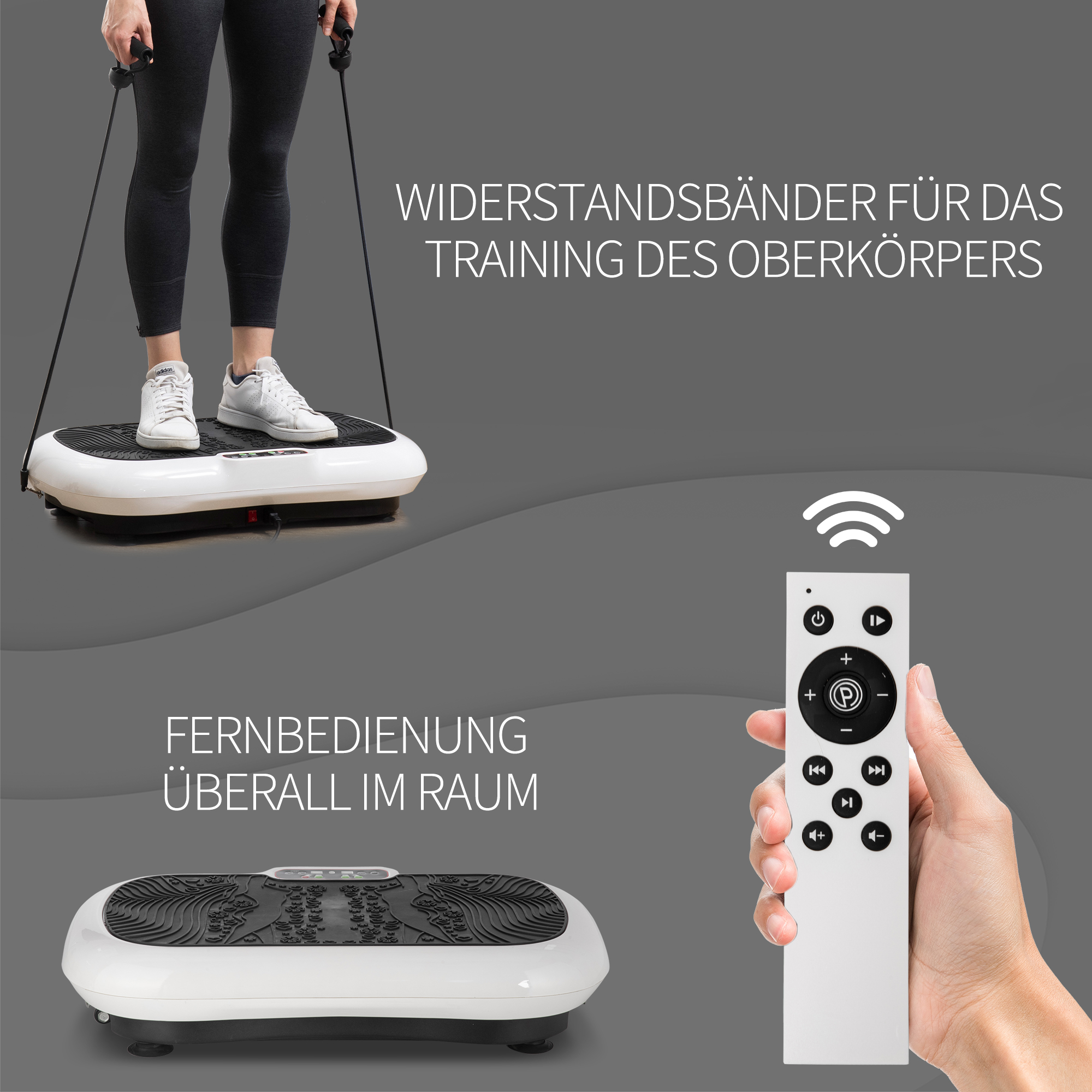 Vibrationsplatte mit 99 Stufen, 2 Fitnessbändern 73 x 40 x 13cm Weiß+Schwarz