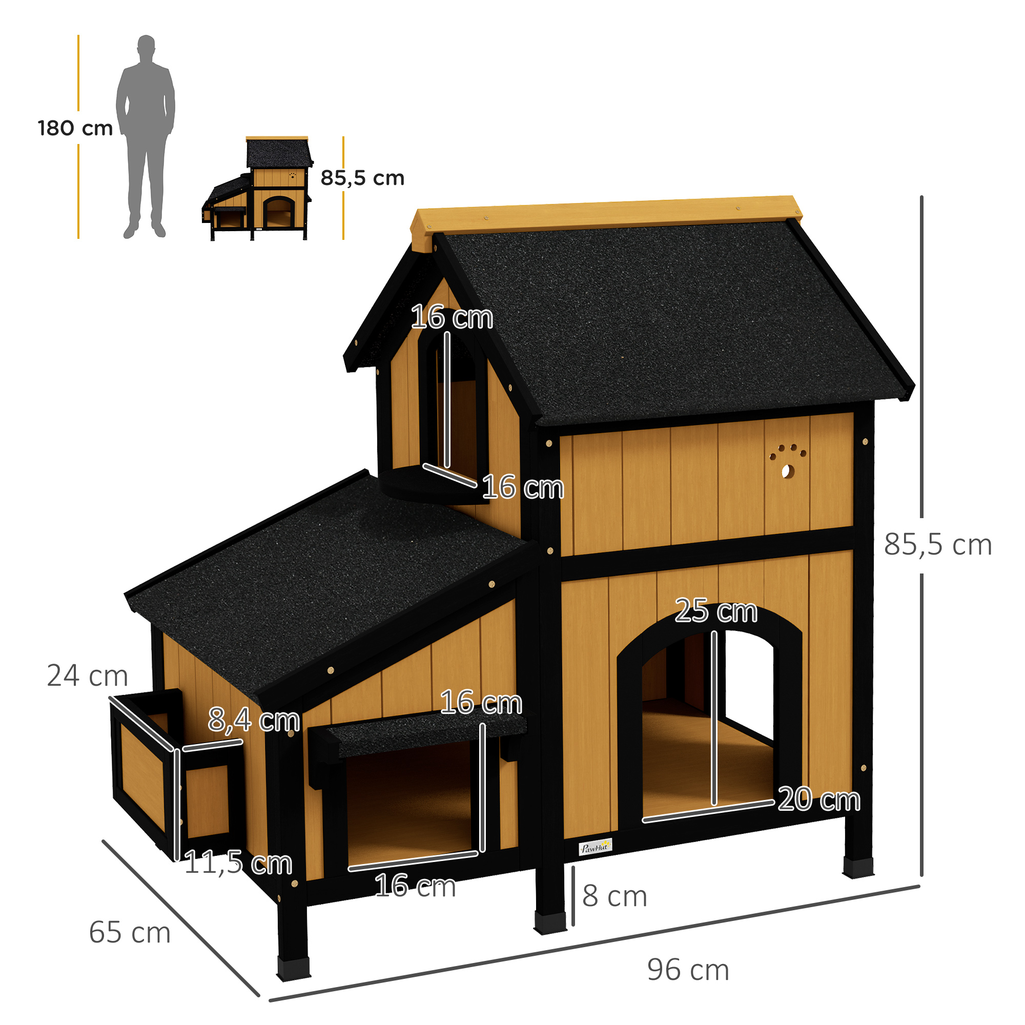 Katzenhaus Katzenhütte Katzenhöhle, inkl. Blumenkasten, 96 cm x 65 cm x 85,5 cm, Gelb + Weiß + Schwarz