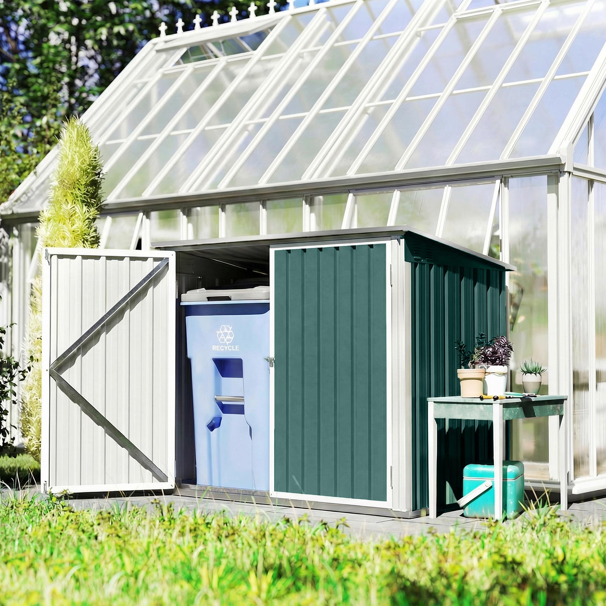 Mülltonnenbox Müllbox abschließbar Gerätebox mit Doppeltür Deckel für 2 Mülltonnen Stahl 179,5 x 108 x 129,5/113 cm Grün