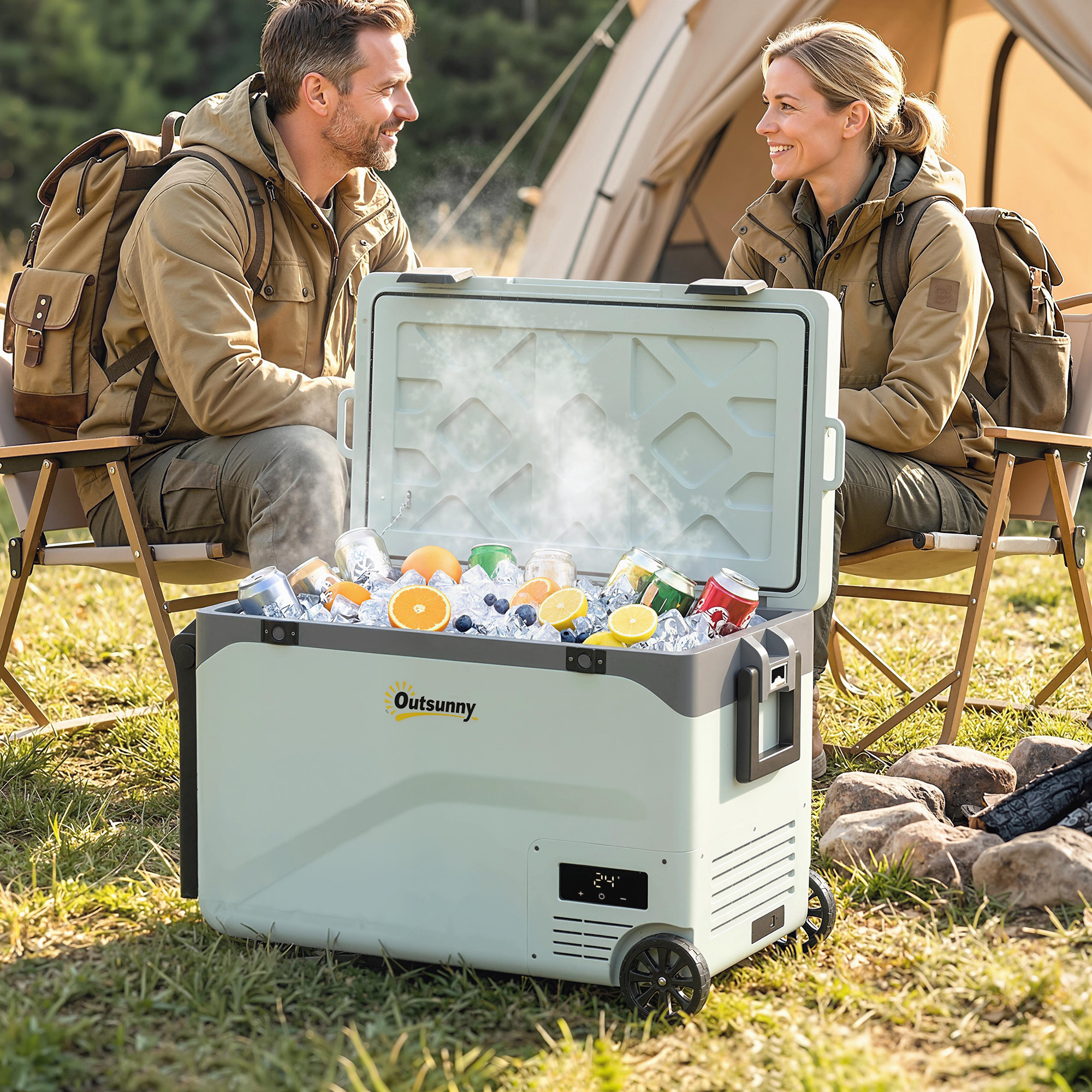 42,5 Liter Kompressor Kühlbox leise elektrisch Mini Kühlschrank bis -20℃ Kühlbox mit Bluetooth Rolle Griff Handyhalter