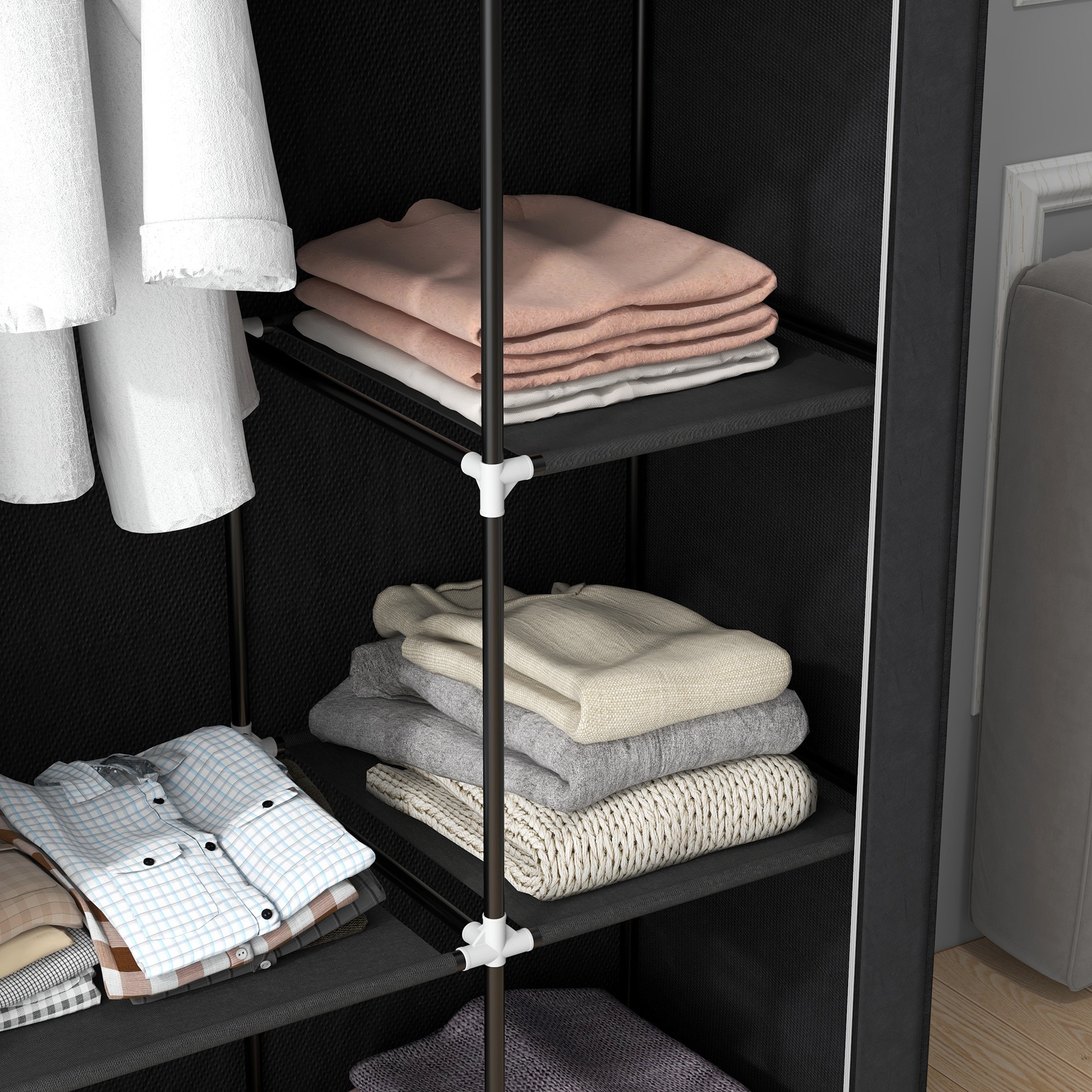 Schrank aus Stoff, Aufbewahrungslösung, 6 Regale, 1 Kleiderstange, Schwarz
