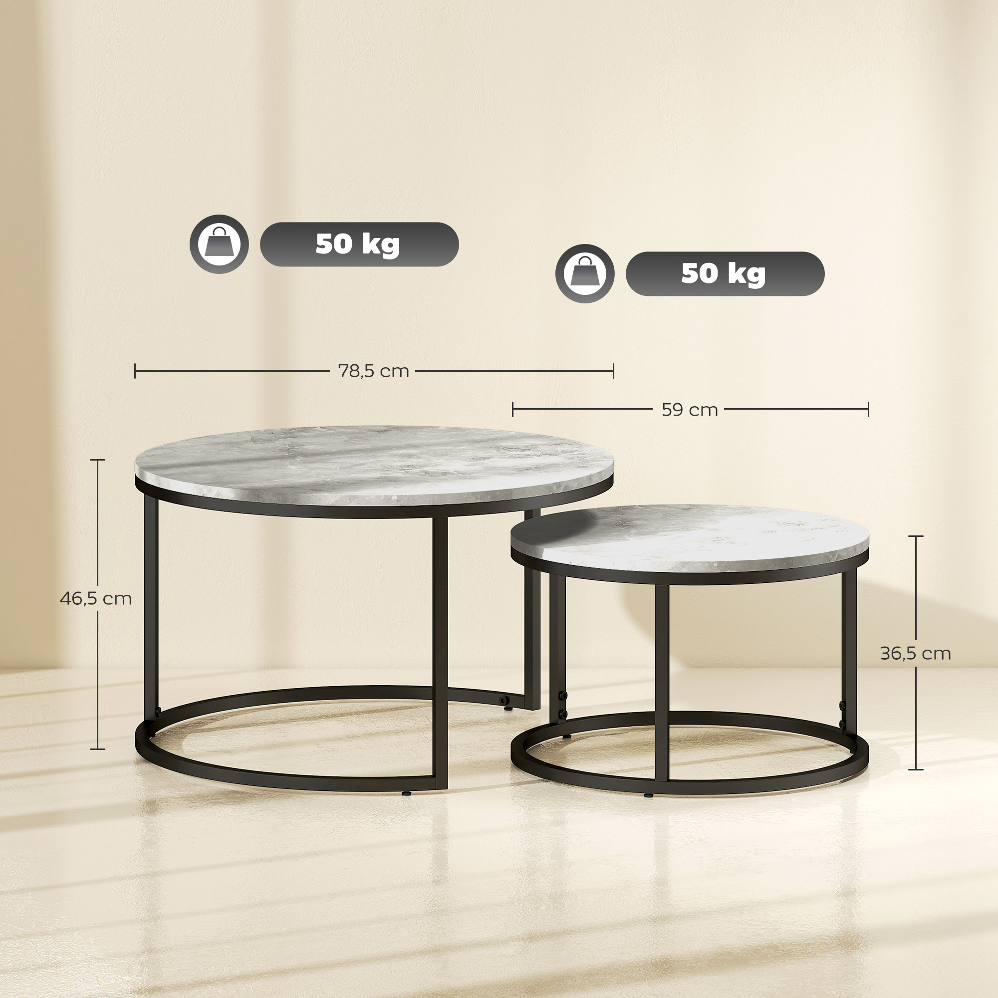 Couchtisch-Set, 2 runde Satztische, Industriedesign, Metallgestell, Betonoptik/Schwarz